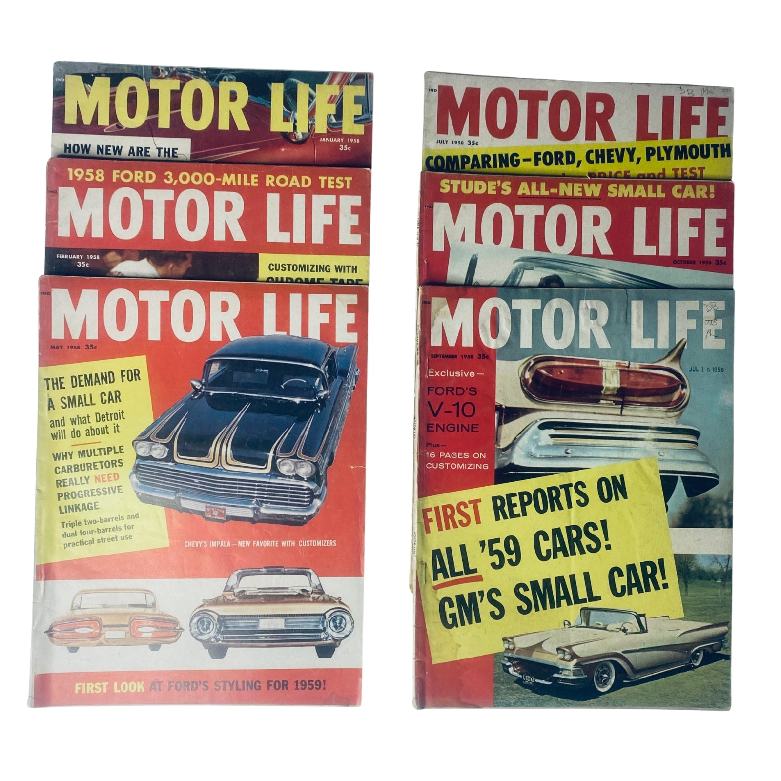 Lot of 6 Motor Life Magazines from 1958 featuring January, February, May, July, September, and October issues, showcasing automotive trends, road tests, and styling highlights.