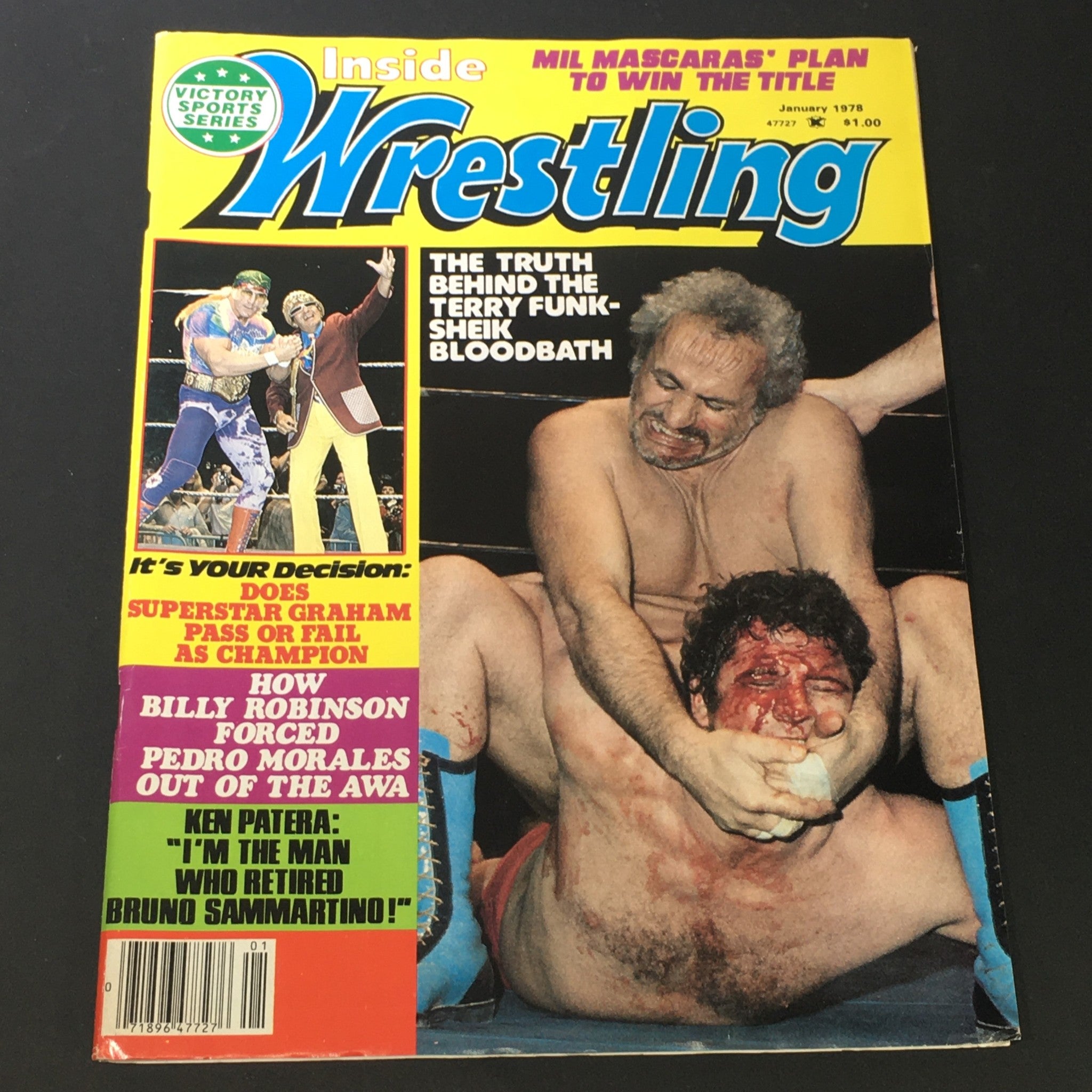 Inside Wrestling Magazine - January 1978 featuring Terry Funk, Sheik, and Ken Pantera. Cover highlights include wrestling action and interviews, capturing a piece of wrestling history.