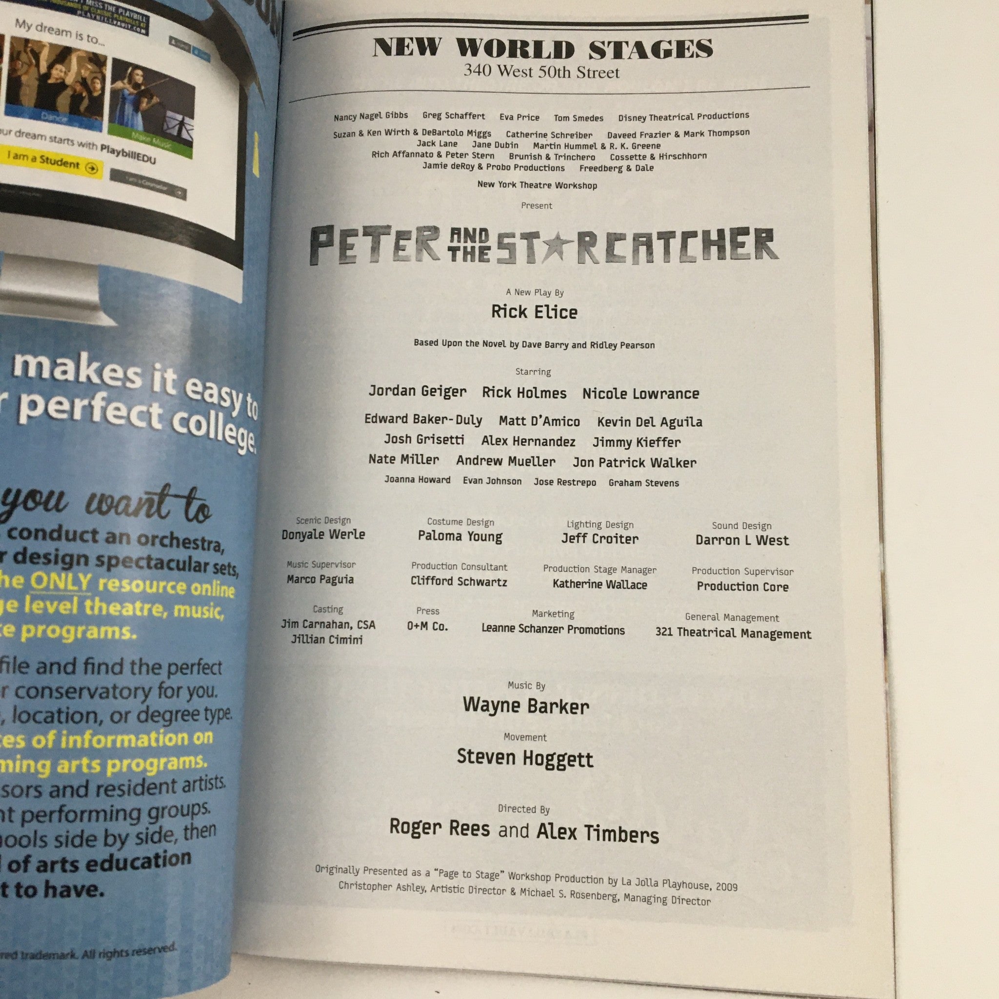 2013 Playbill New World Stages Presents Peter and the Star Catcher by Roger Rees