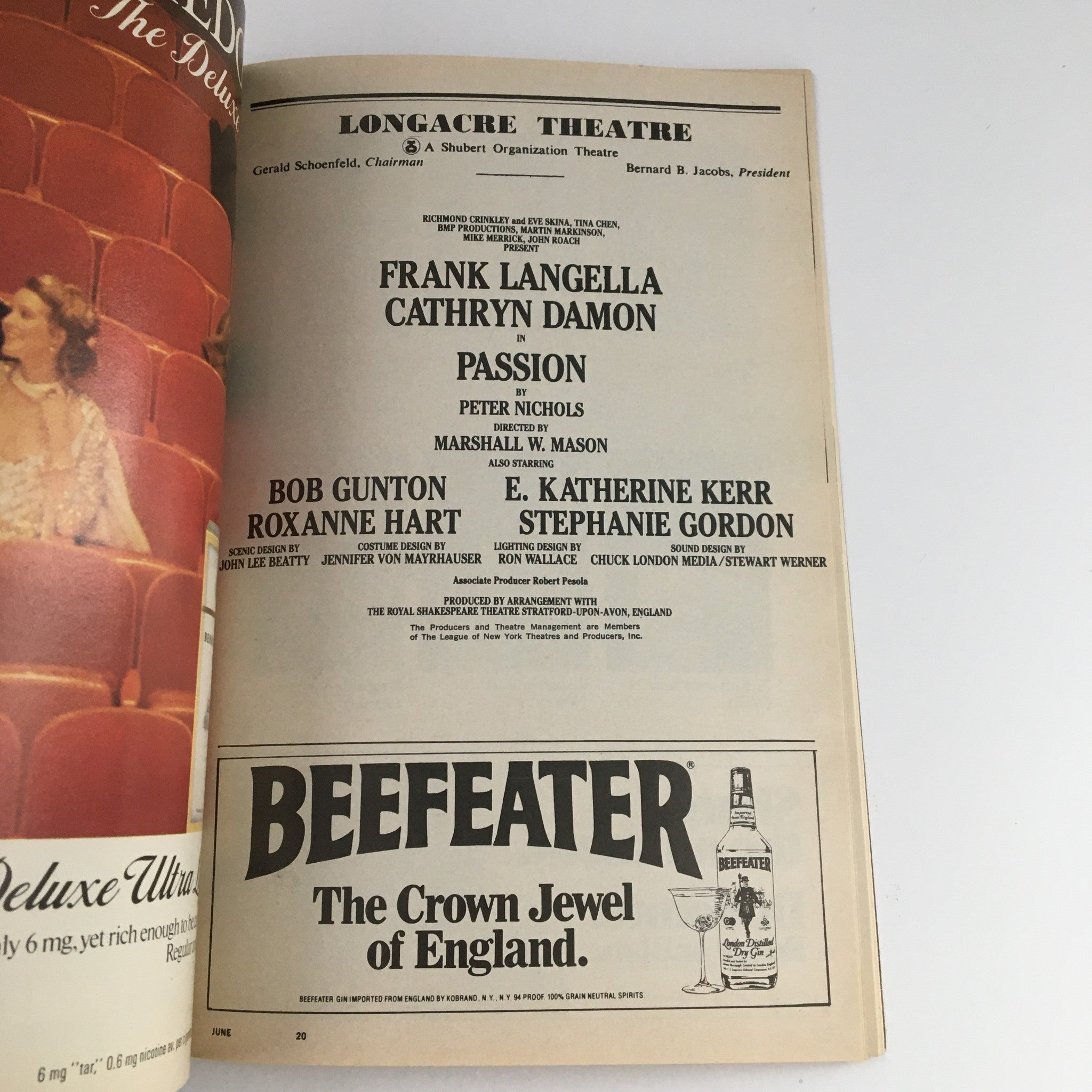 1983 Playbill Longacre Theatre Present Frank Langella Passion by Peter Nichols