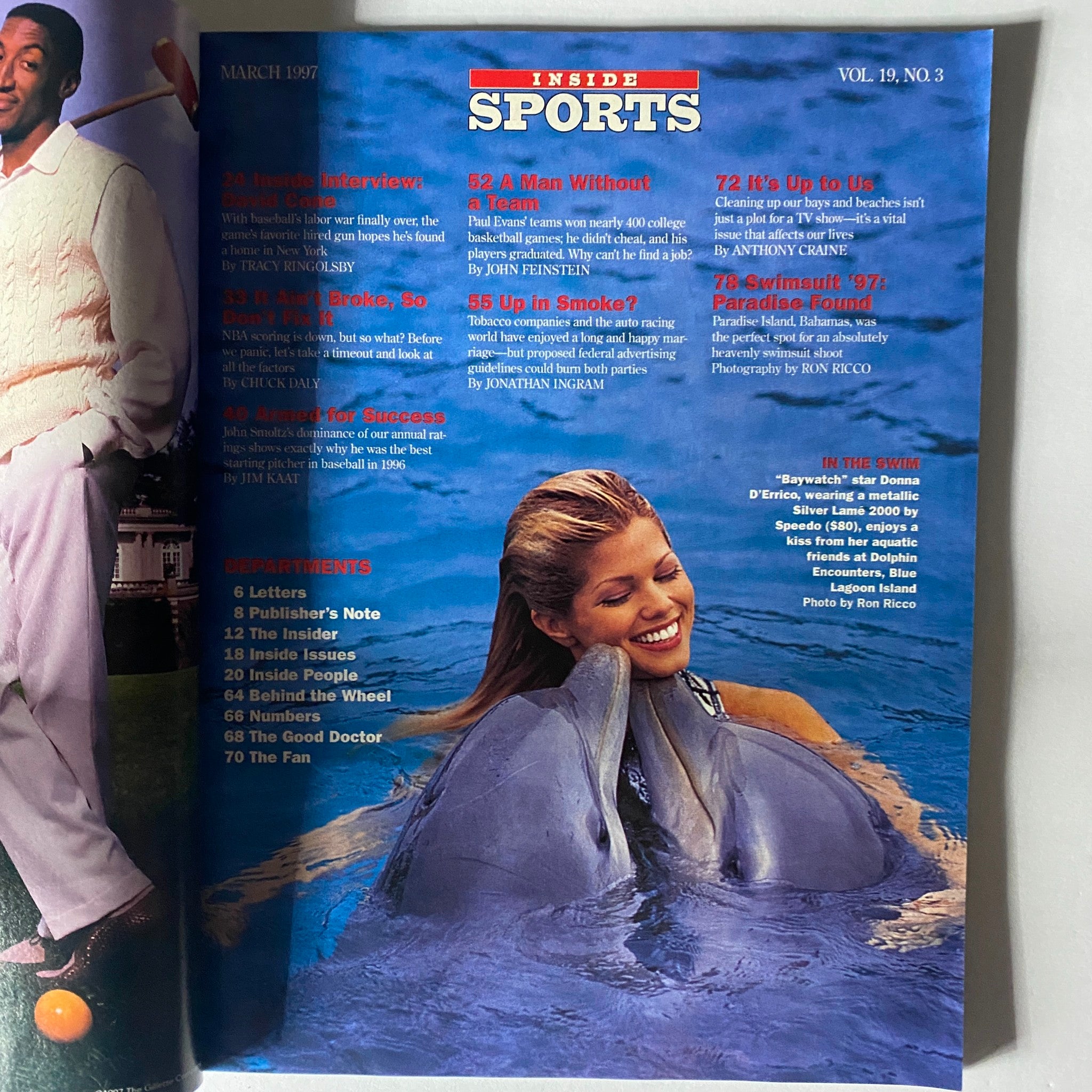 Inside page of Inside Sports Magazine March 1997 displaying the table of contents with articles and features, including a profile on Baywatch star Donna D'Errico, capturing the essence of sports and entertainment trends during the era.