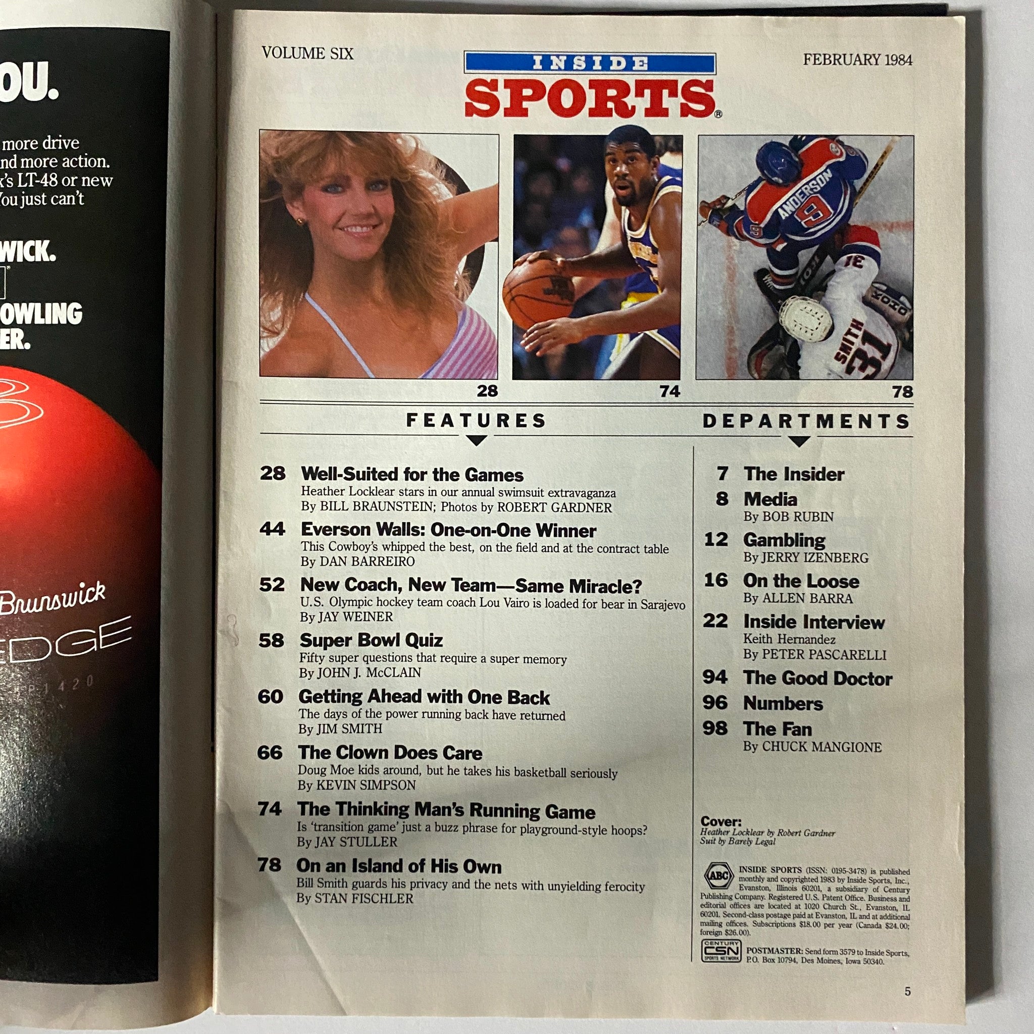 Inside page of VTG Inside Sports Magazine February 1984 displaying the table of contents including articles related to Heather Locklear and various sports topics.