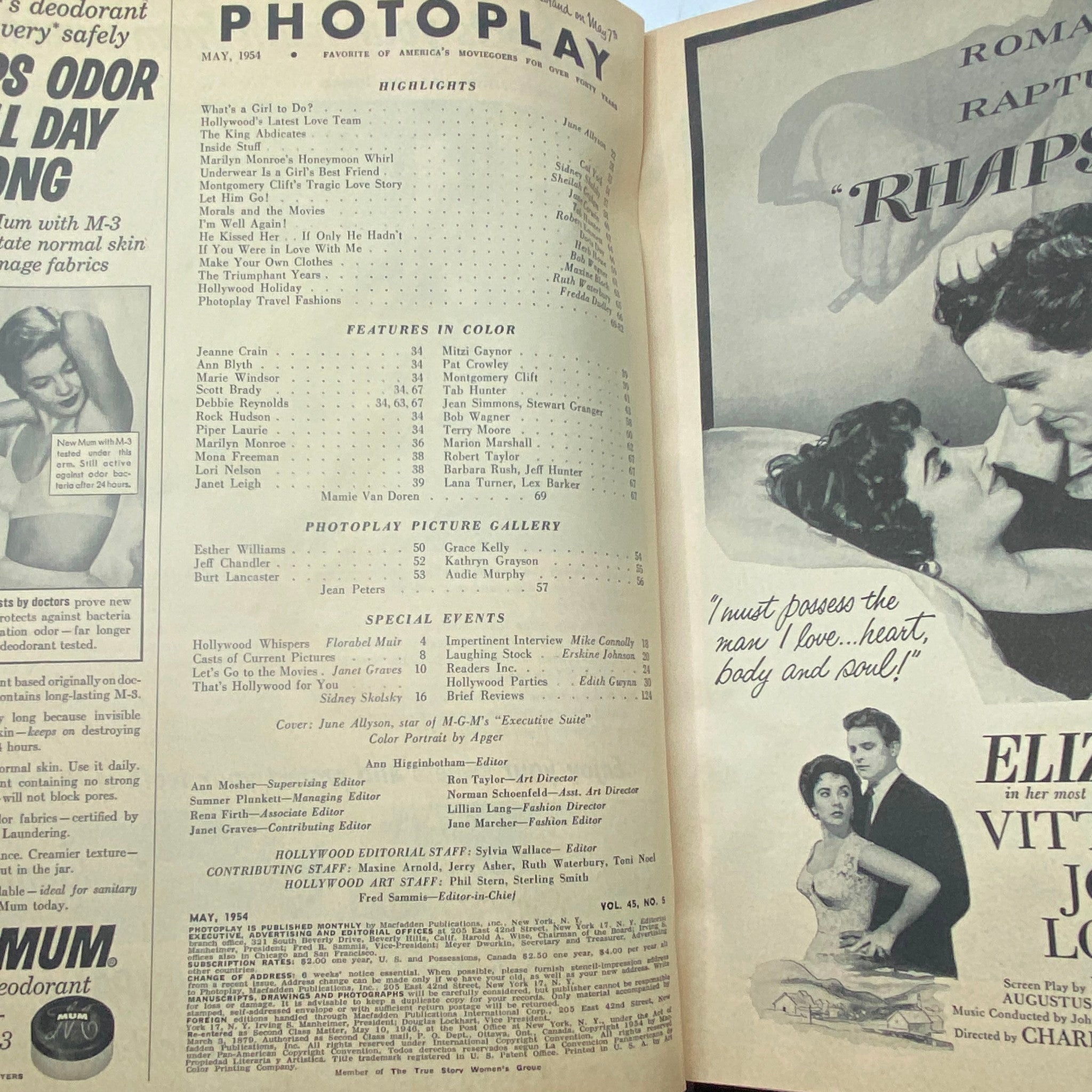 VTG Photoplay Magazine May 1954 Vol 45 No. 5 June Allyson No Label