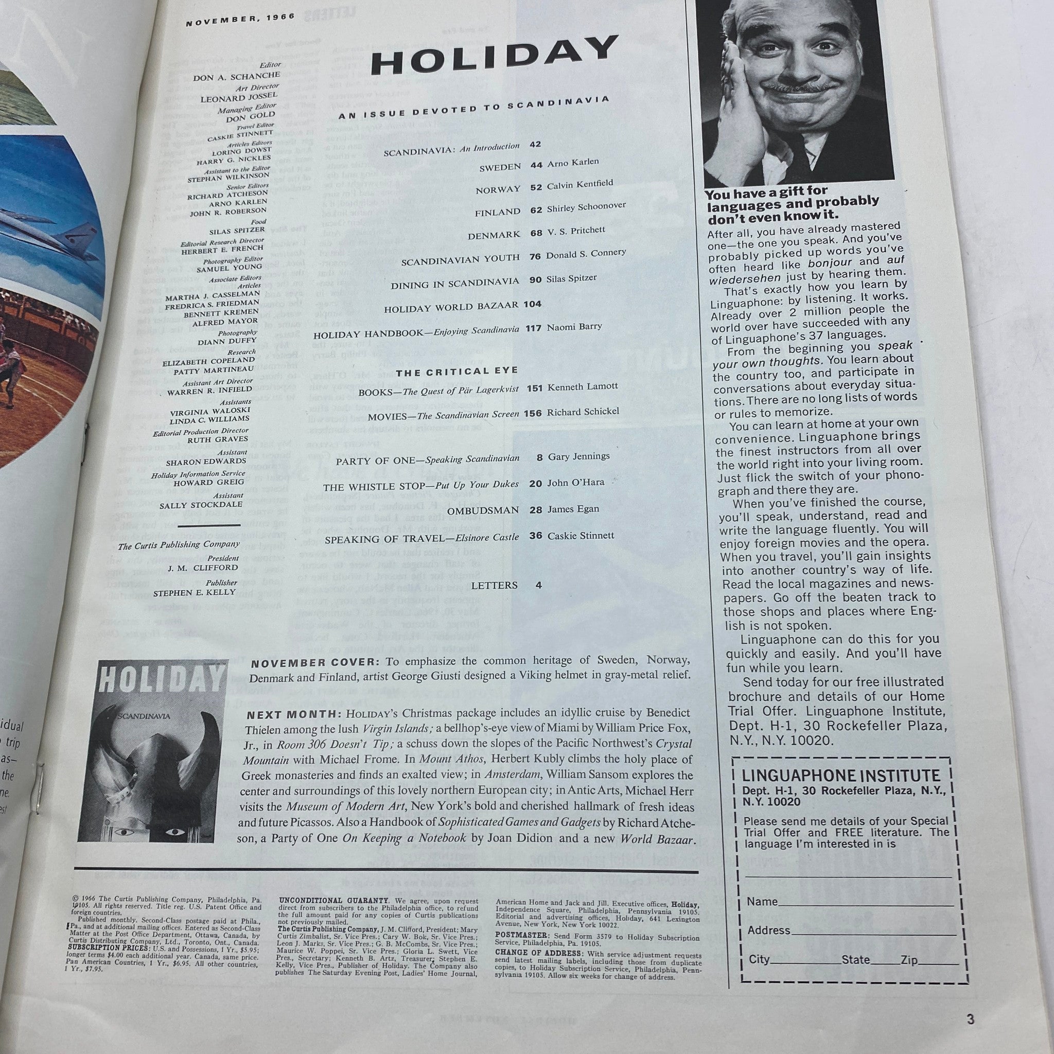 VTG Holiday Magazine November 1966 Viking Helmet Scandinavia No Label