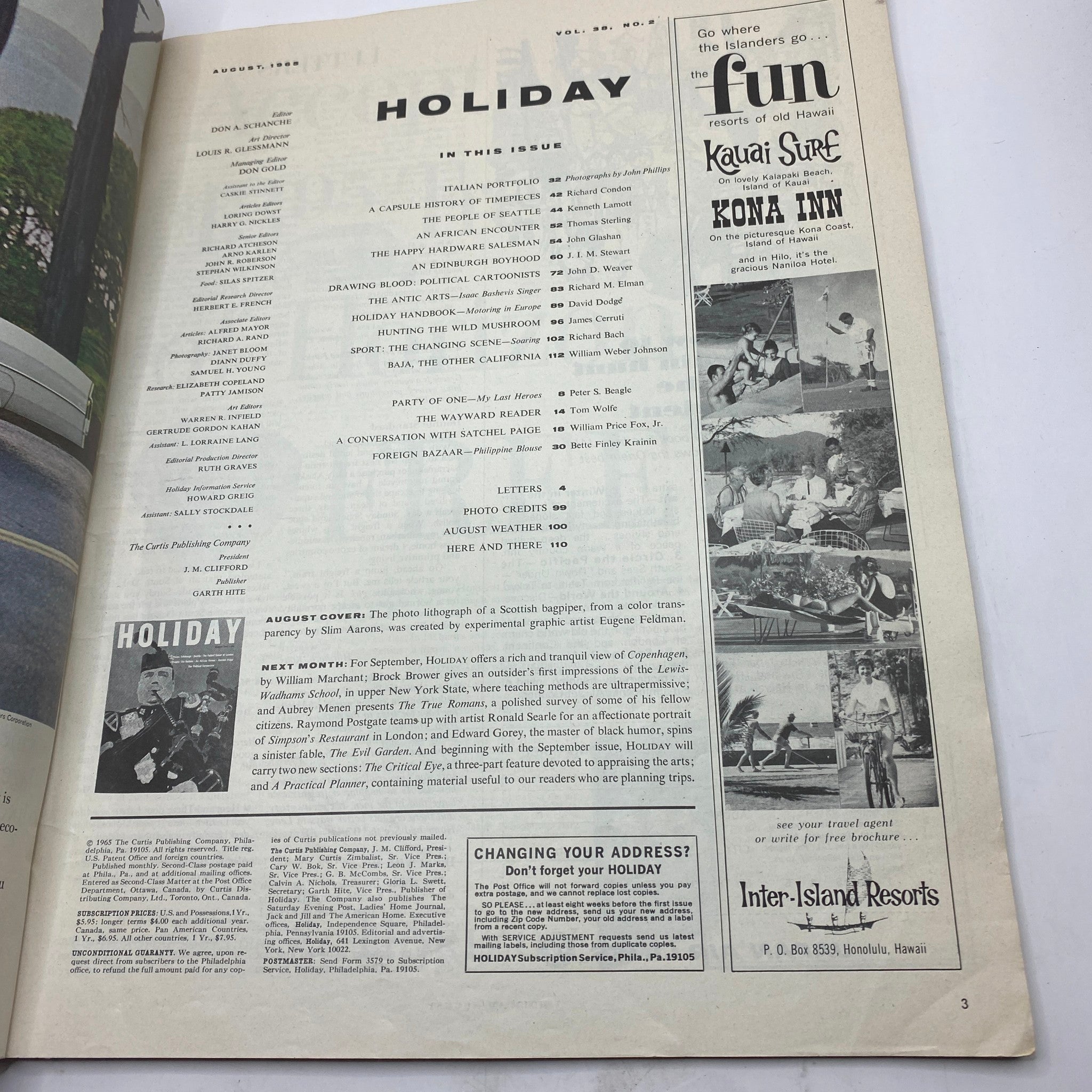 VTG Holiday Magazine August 1965 Vol 38 No. 2 Scottish Bagpiper No Label