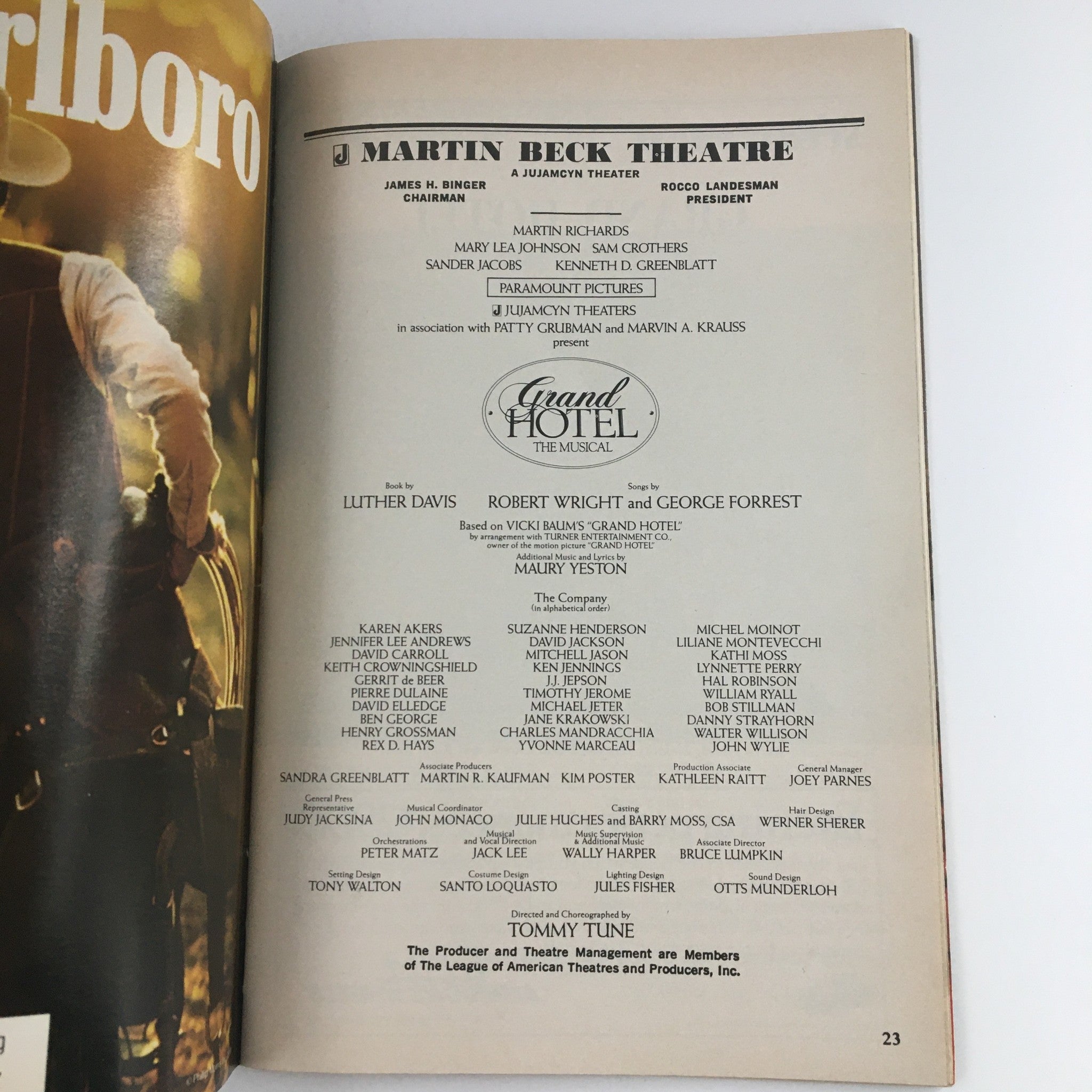 1990 Playbill Martin Beck Theatre Present Grand Hotel The Musical by Tommy Tune