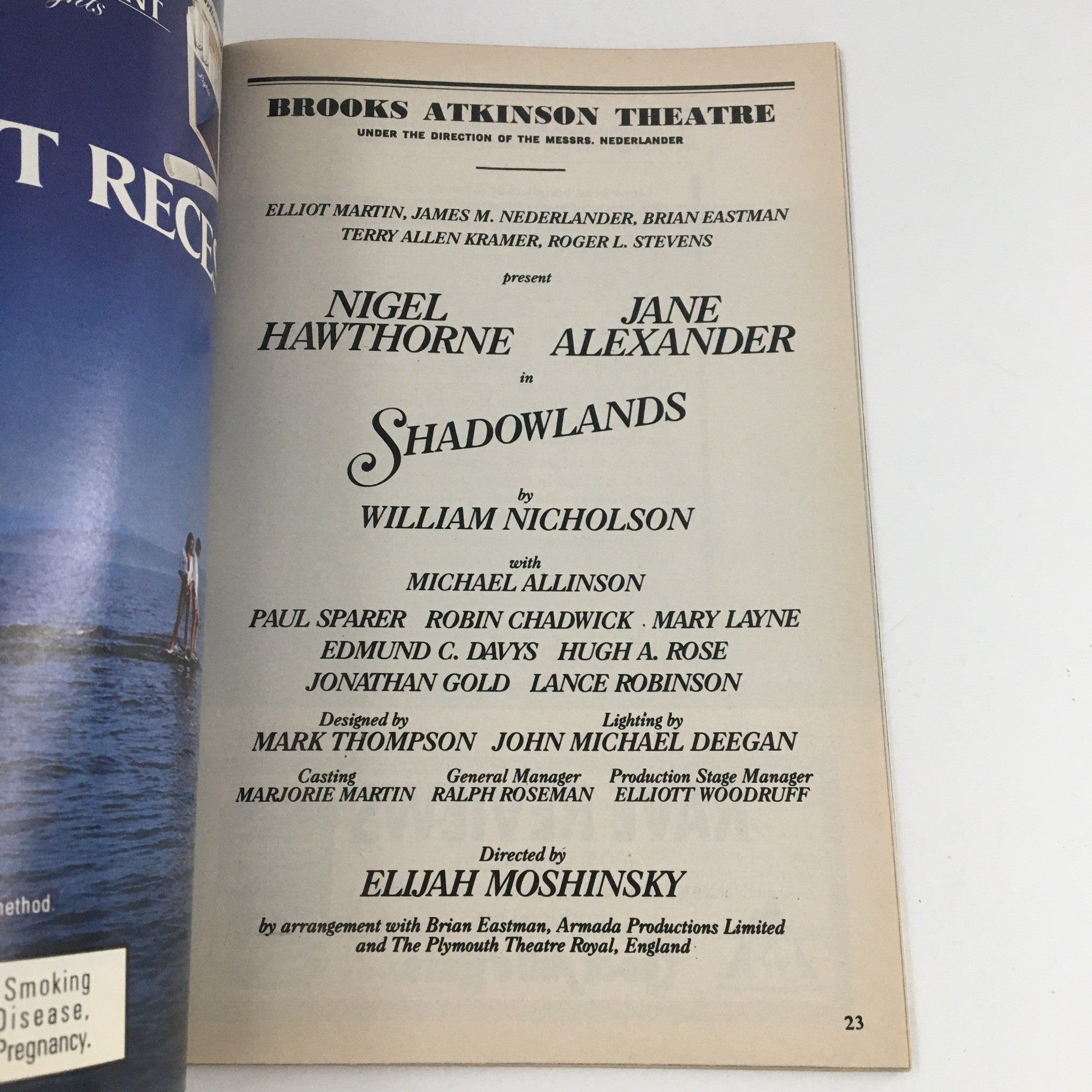 1991 Playbill Brooks Atkinson Theatre Present Nigel Hawthorne in Shadowlands