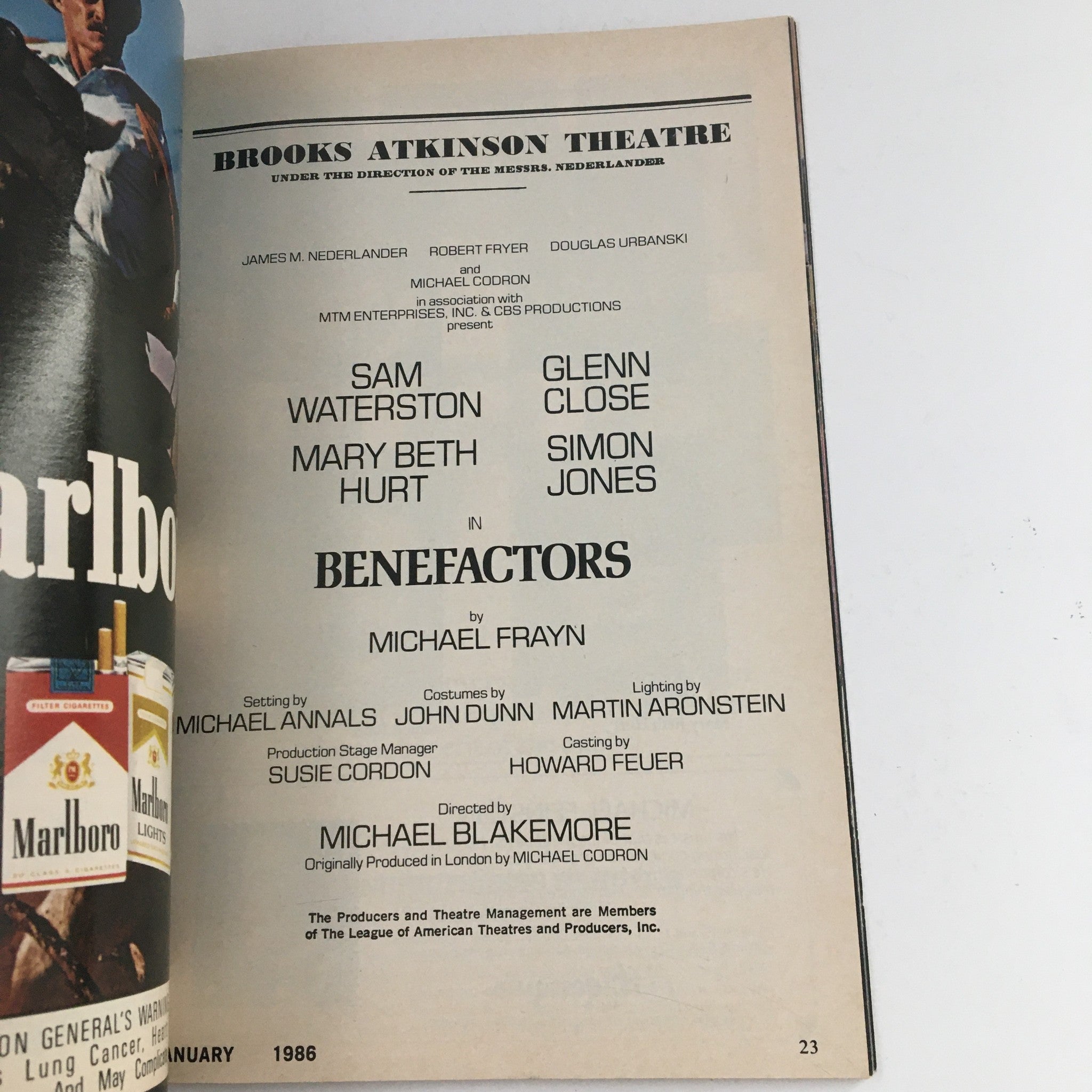 1986 Playbill Brooks Atkinson Theatre Present Robert Fryer in Benefactors