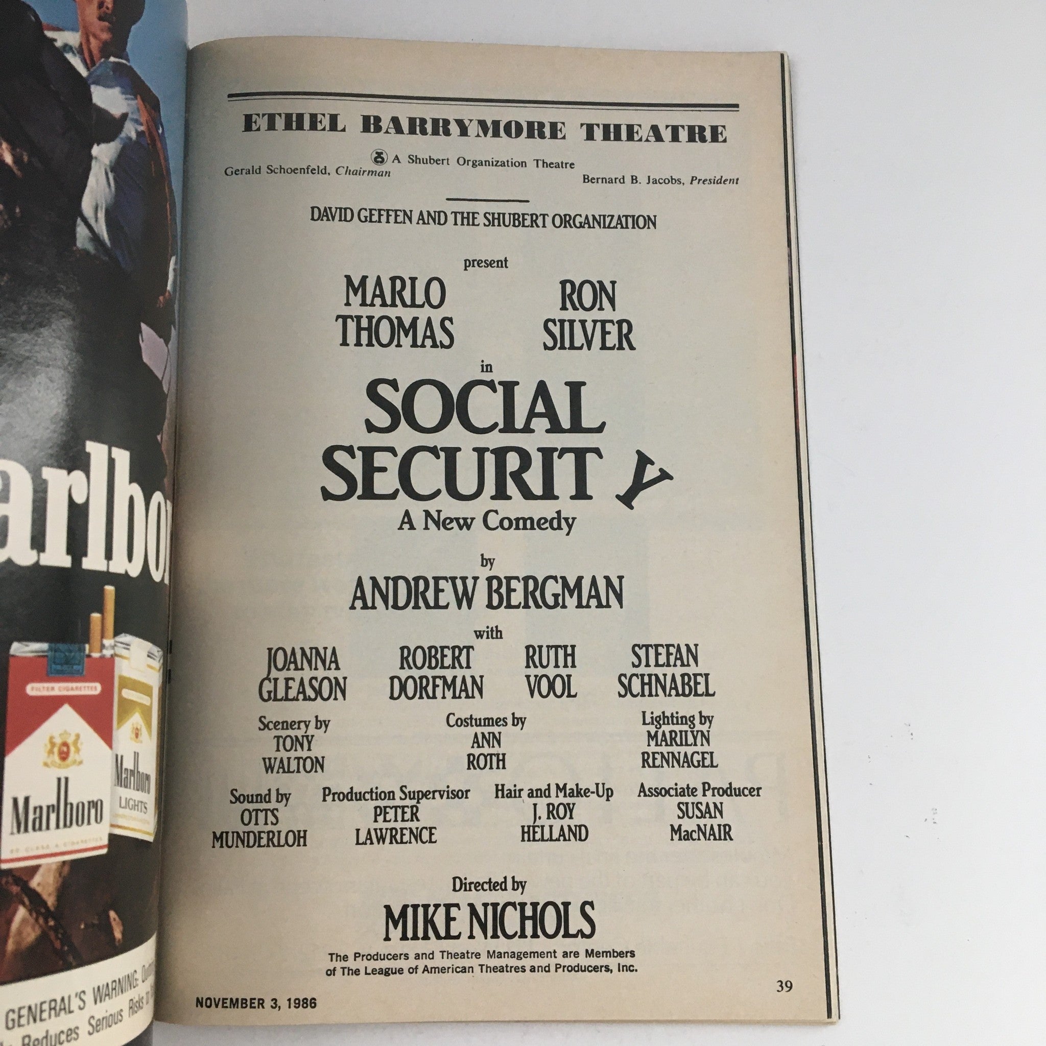 1986 Playbill Ethel Barrymore Theatre Present Marlo Thomas in Social Security