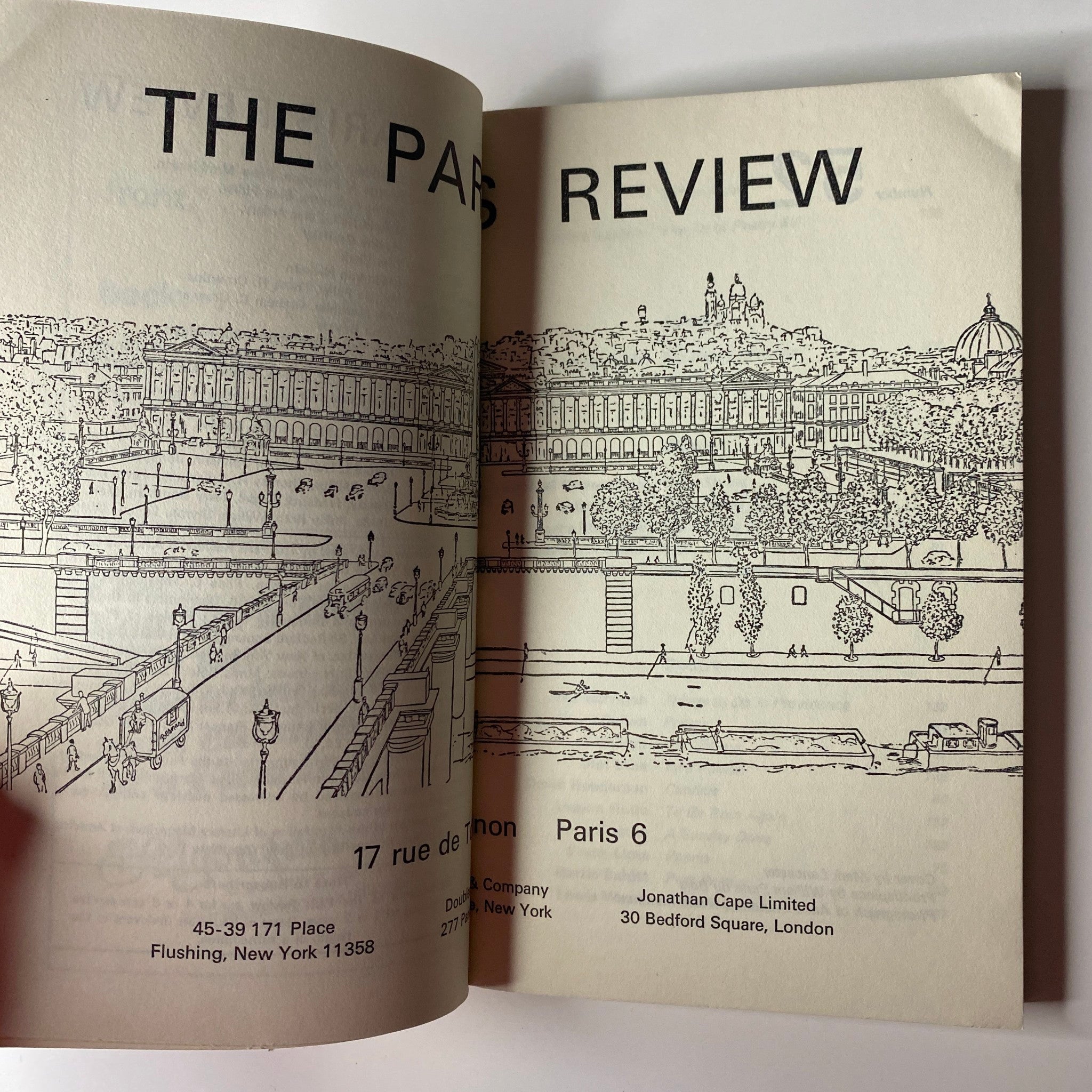Inside view of The Paris Review Magazine Summer 1971 No. 52 displaying the magazine's introductory page featuring an illustration of Paris.