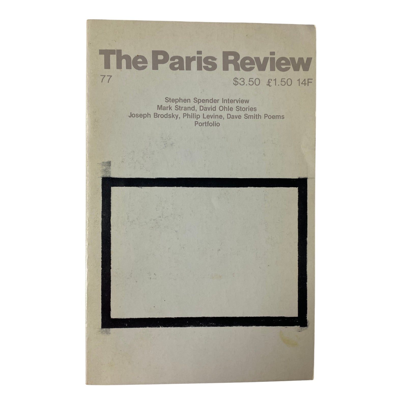 Cover of The Paris Review Magazine Winter-Spring 1980 No. 77 featuring a minimalist design, highlighting the Stephen Spender interview and contributions from notable authors like Joseph Brodsky and Philip Levine.