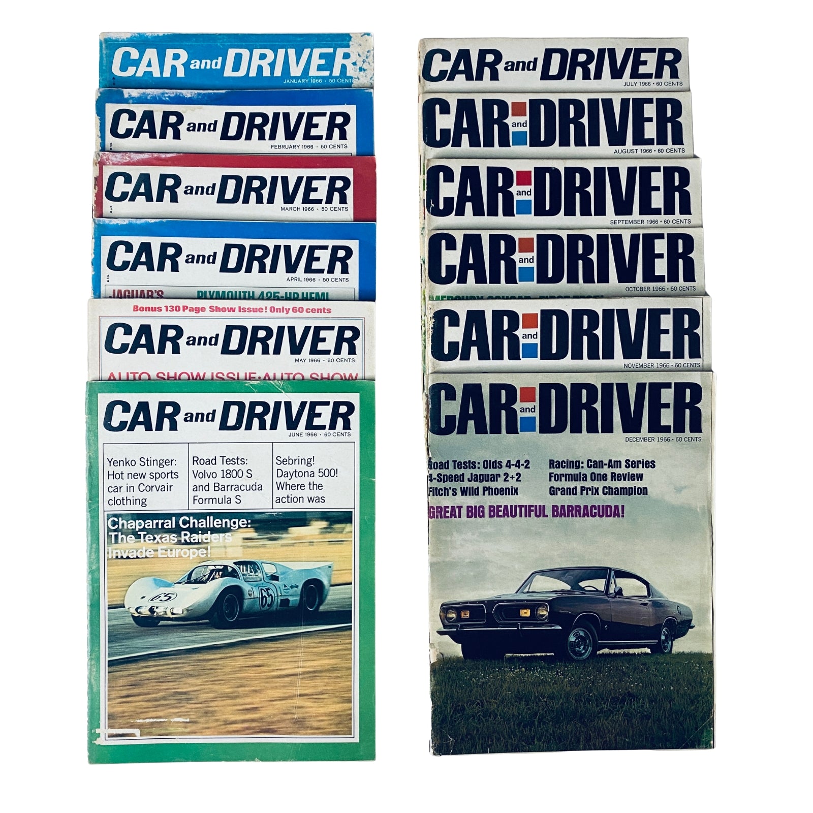 A collection of 12 Car and Driver automotive magazines from 1966, featuring issues from January to December arranged neatly. The front covers showcase classic cars and automotive themes, highlighting the magazine's vintage appeal for car enthusiasts.
