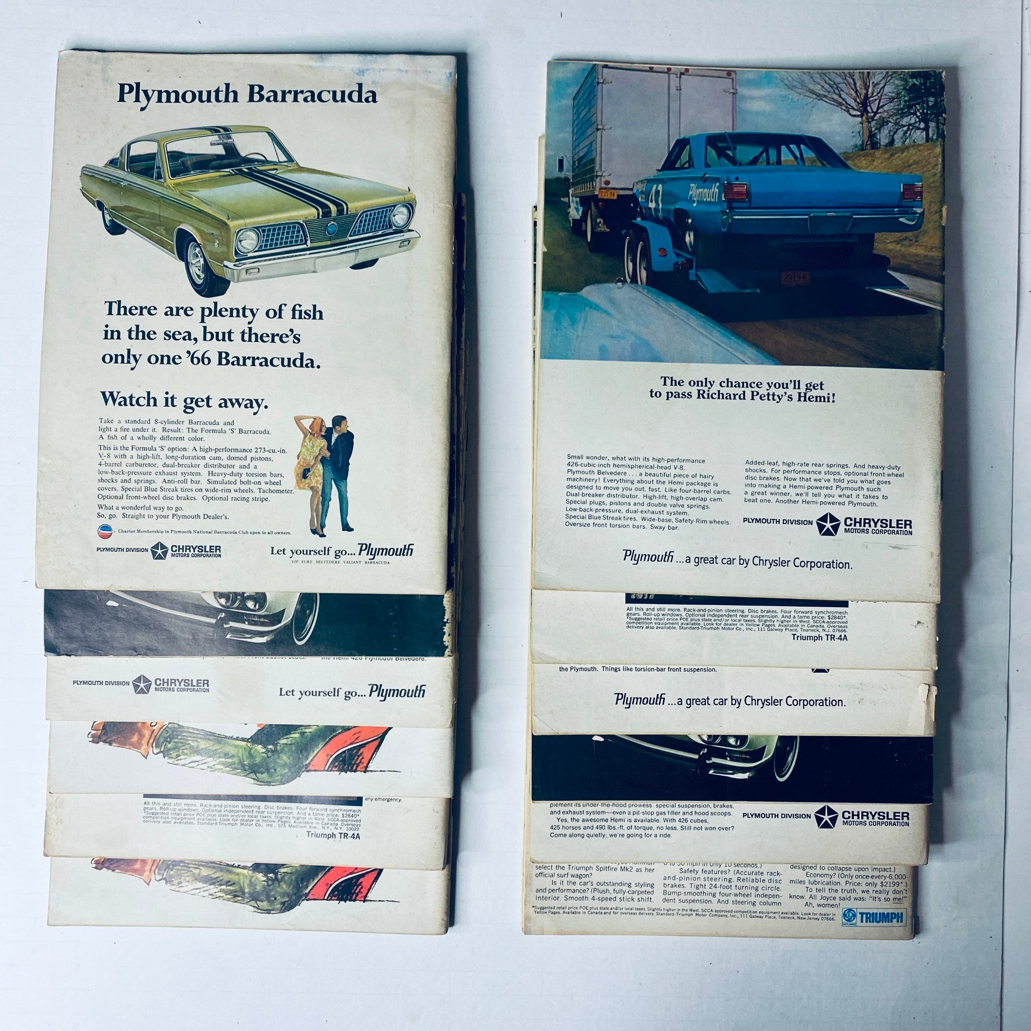The back covers of 12 Car and Driver automotive magazines from 1966, featuring advertisements including Plymouth Barracuda and a reference to the '66 Barracuda. The imagery reflects the automotive culture of the era, enhancing the collectible value of the magazine lot.