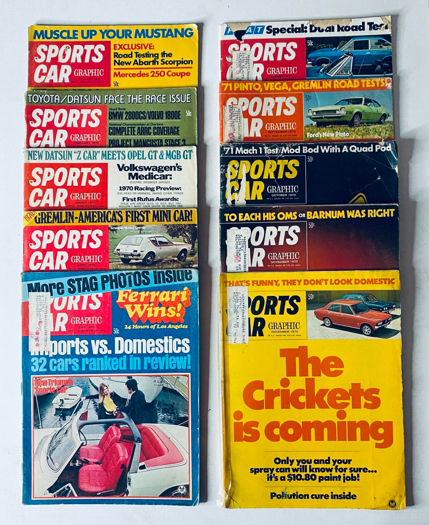 Lot of 10 Sports Car Graphic Magazines featuring various car models and automotive topics, dated 1970 January to April, July to December.