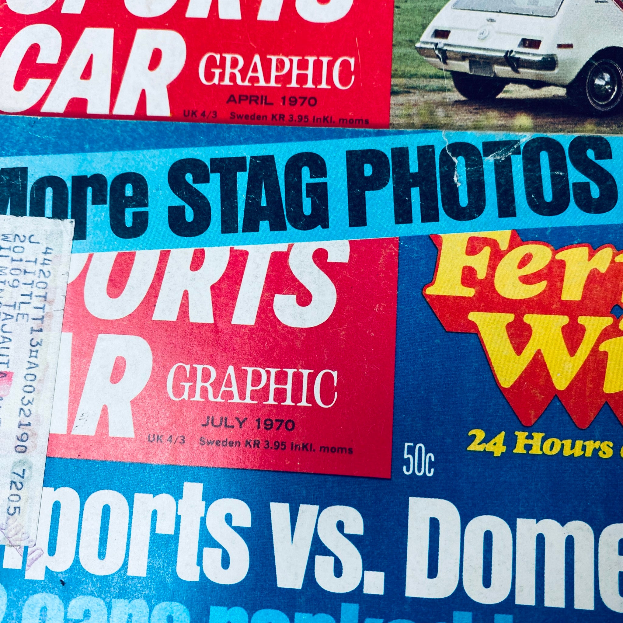Cover of Sports Car Graphic magazine from April 1970 featuring a classic sports car with bold red and blue colors. Lot of 10 Sports Car Graphic Magazine 1970 January - April, July - December.