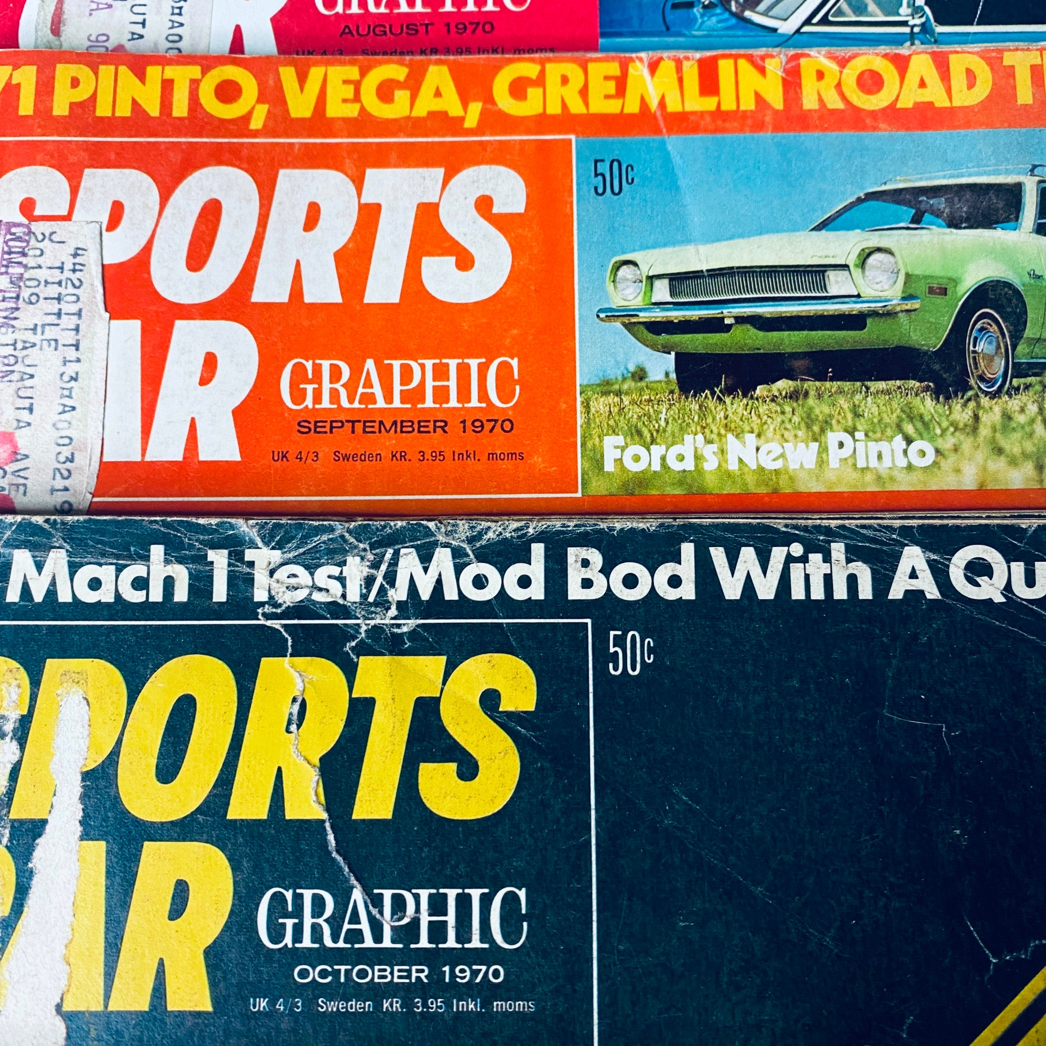 Cover of Sports Car Graphic magazine from September 1970 showcasing a Ford Pinto with a vibrant orange background. Lot of 10 Sports Car Graphic Magazine 1970 January - April, July - December.