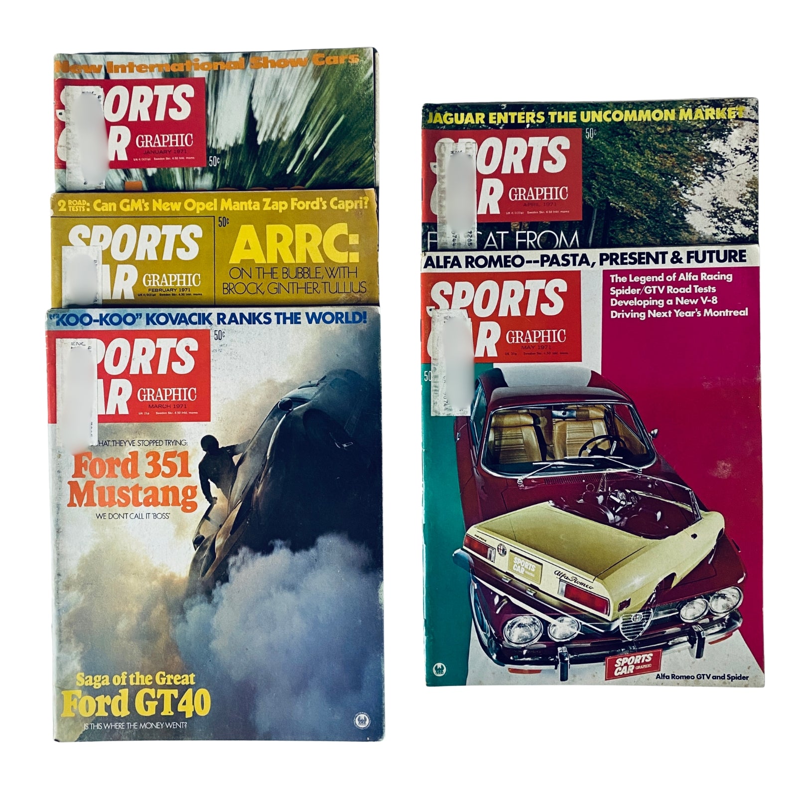 Lot of 5 Sports Car Graphic Magazines from 1971 featuring covers of Ford Mustang, classic car advertisements, and motorsports insights.