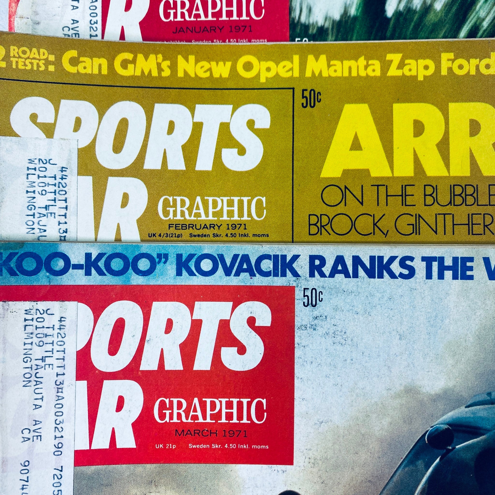 Lot of 5 Sports Car Graphic Magazines from 1971 highlighting magazine covers for February and March editions, with notable car models and racing topics.