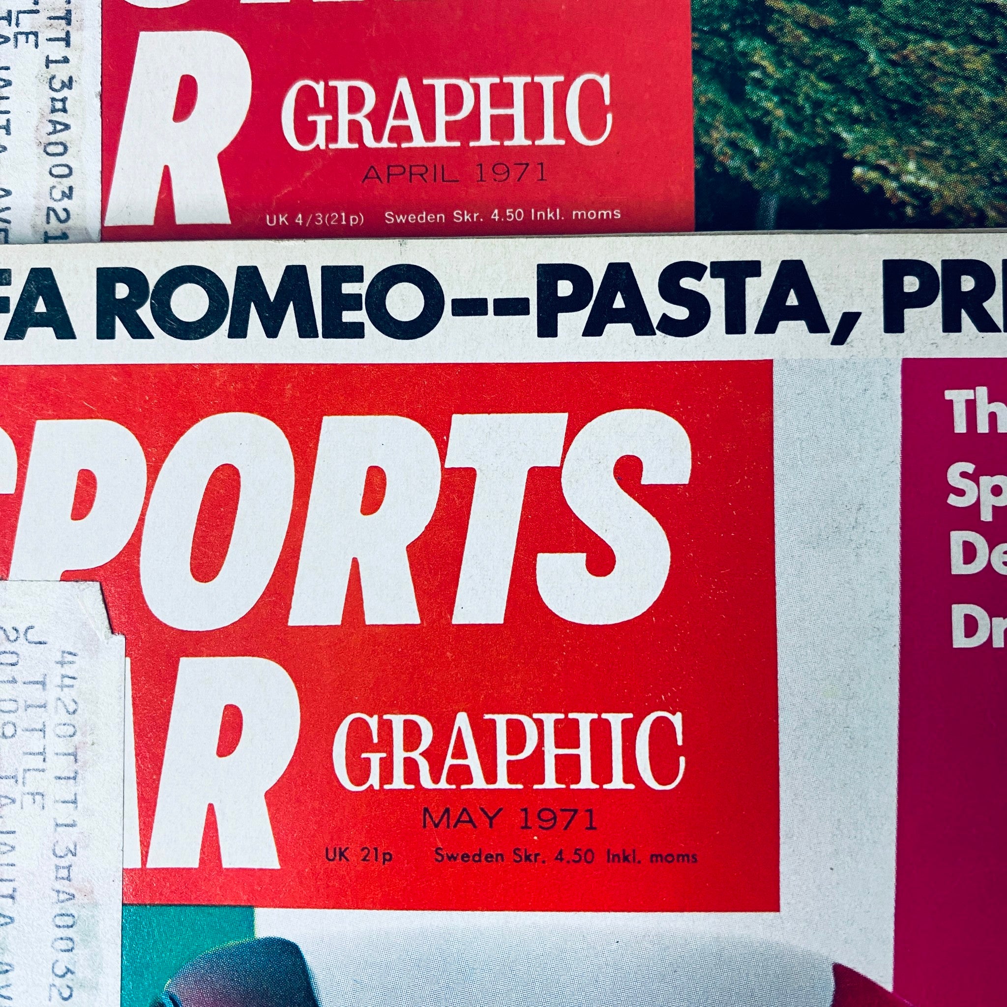 Lot of 5 Sports Car Graphic Magazines from 1971 displaying the April and May covers, featuring car brands and detailed automotive content.