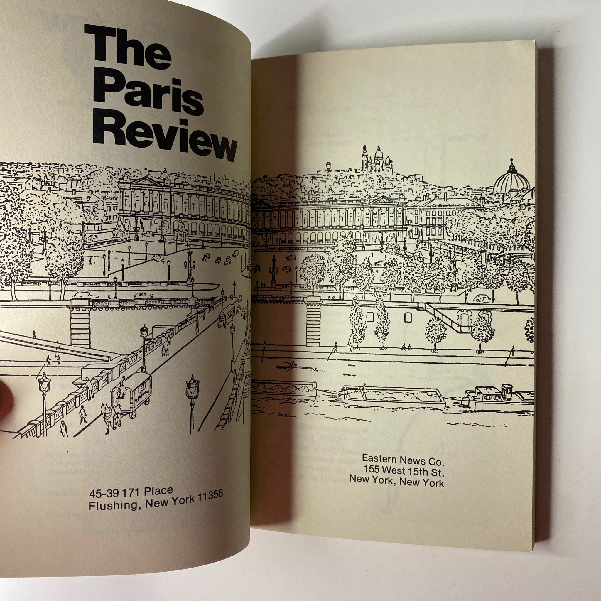 Inside spread of The Paris Review Magazine Winter-Spring 1980 No. 77 displaying a detailed illustration and publication information, reflecting the magazine's literary heritage.