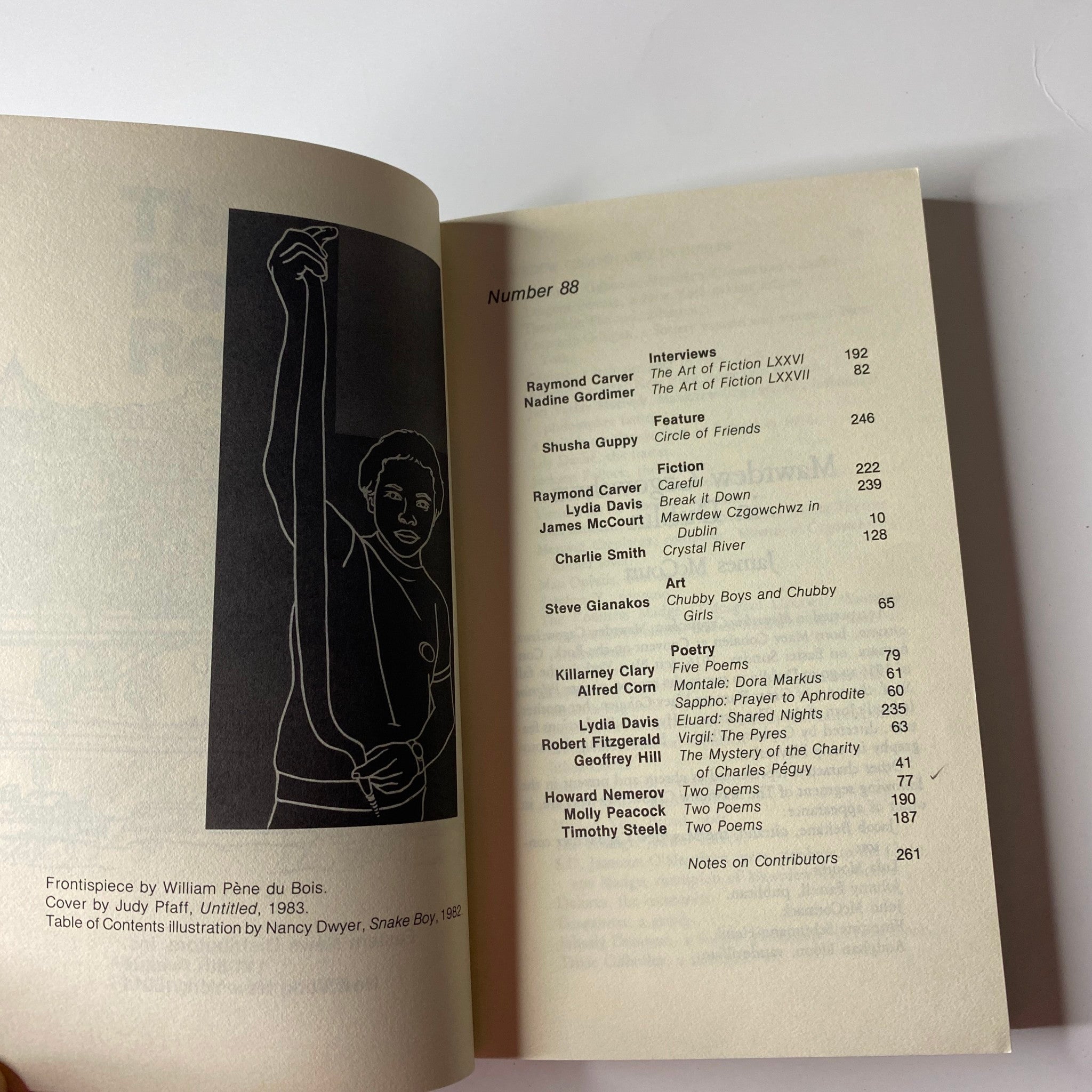 Table of contents page of The Paris Review Magazine Summer 1983 No. 88 Raymond Carver listing contributors and featured works.