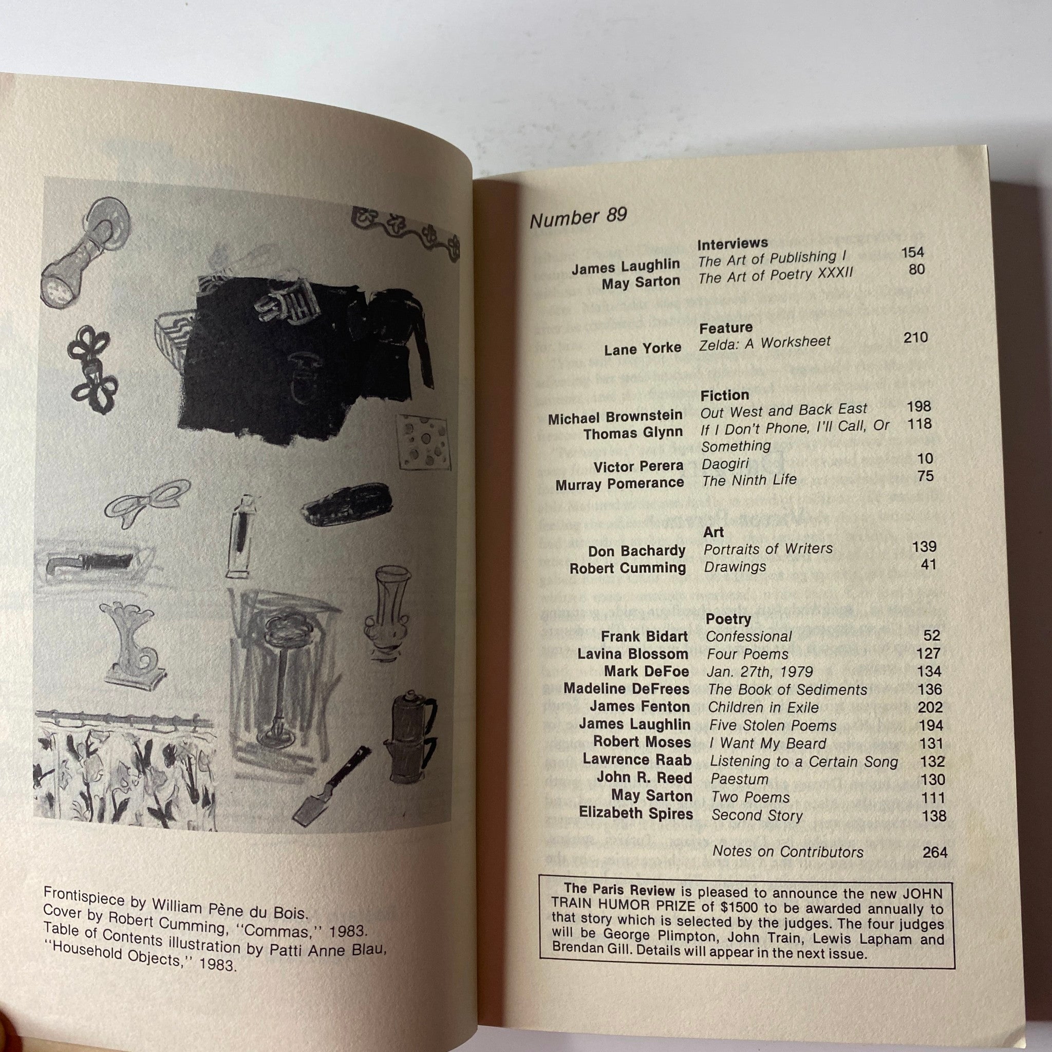 Interior content page of The Paris Review Magazine, Fall 1983, No. 89, listing features including interviews and articles by notable authors.