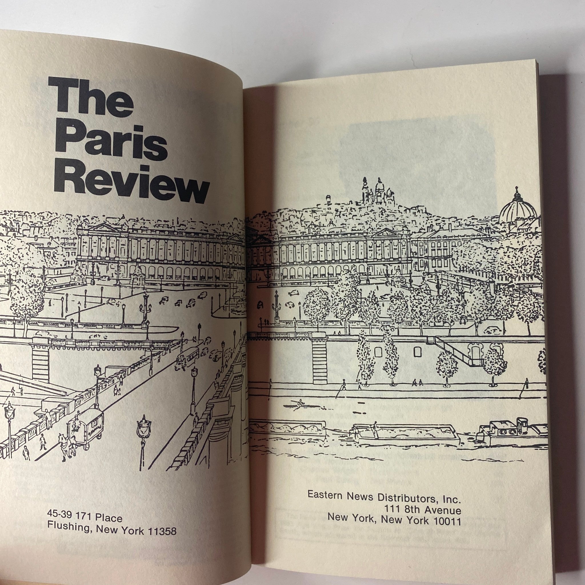 Inside page of The Paris Review Magazine Winter 1983 No. 90 displaying the publication's logo and a detailed illustration of a scenic view.