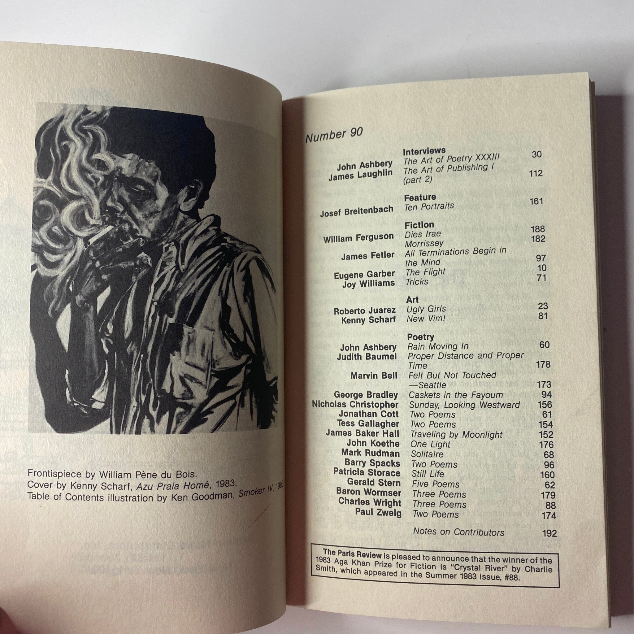 Interior page of The Paris Review Magazine Winter 1983 No. 90 featuring the table of contents and illustration by Ken Goodman.