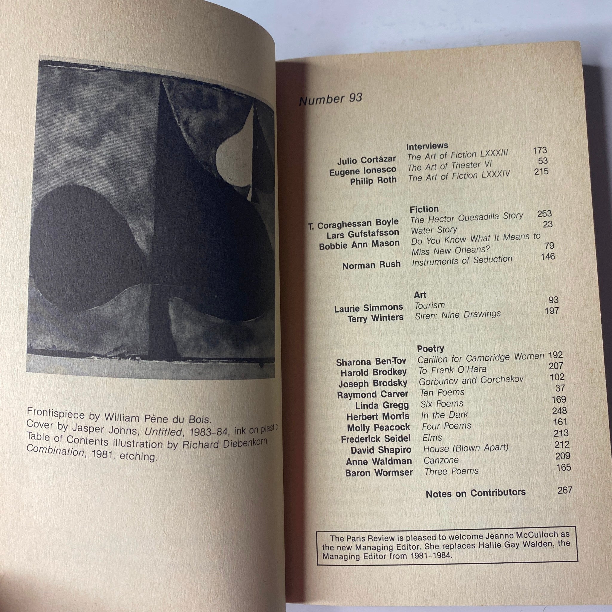 Contents page of The Paris Review Magazine Fall 1984 No. 93 Julio Cortázar listing interviews, fiction, art, and poetry contributors along with page numbers.
