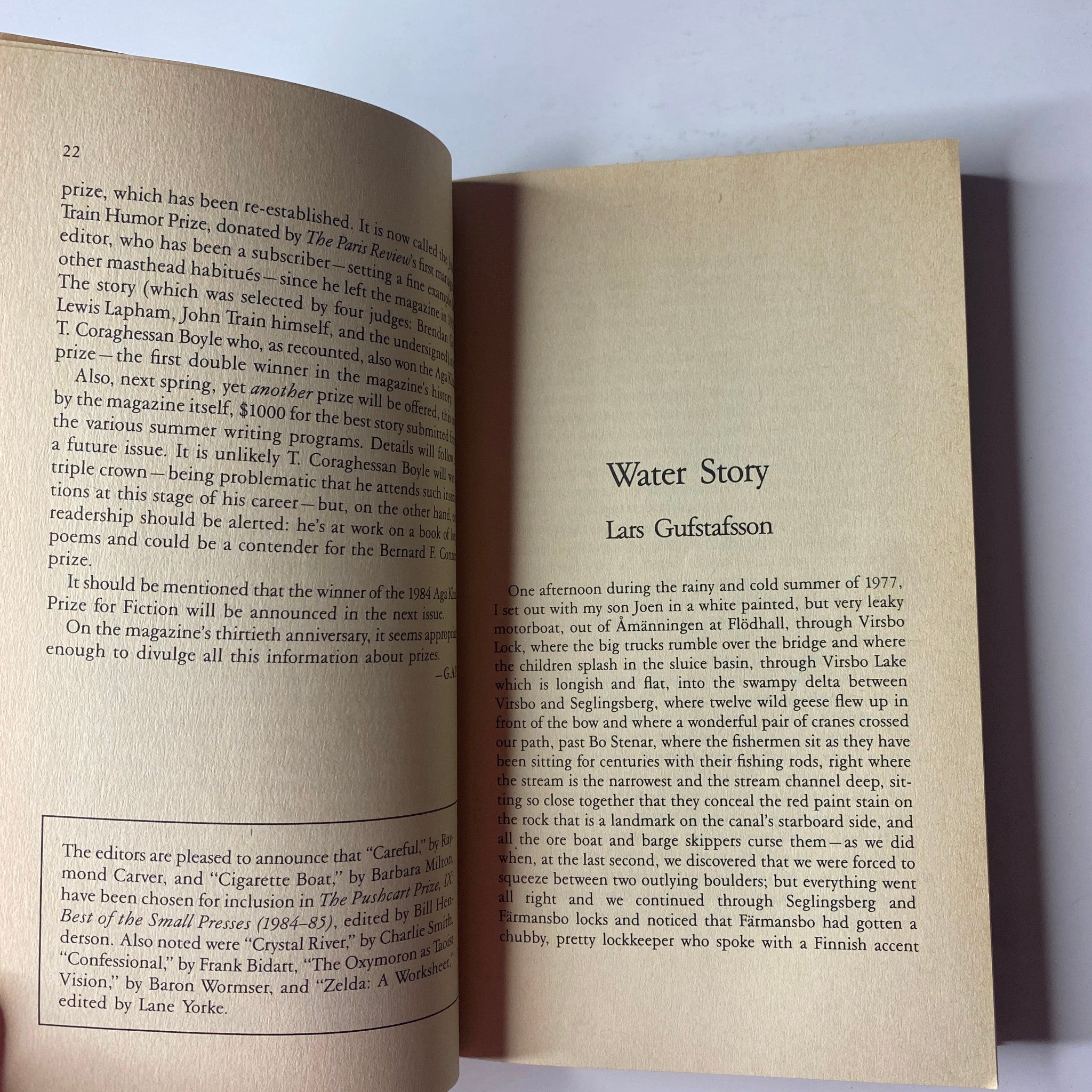 Page from The Paris Review Magazine Fall 1984 No. 93 featuring the beginning of the fiction piece 'Water Story' by Lars Gustafsson with text and layout.