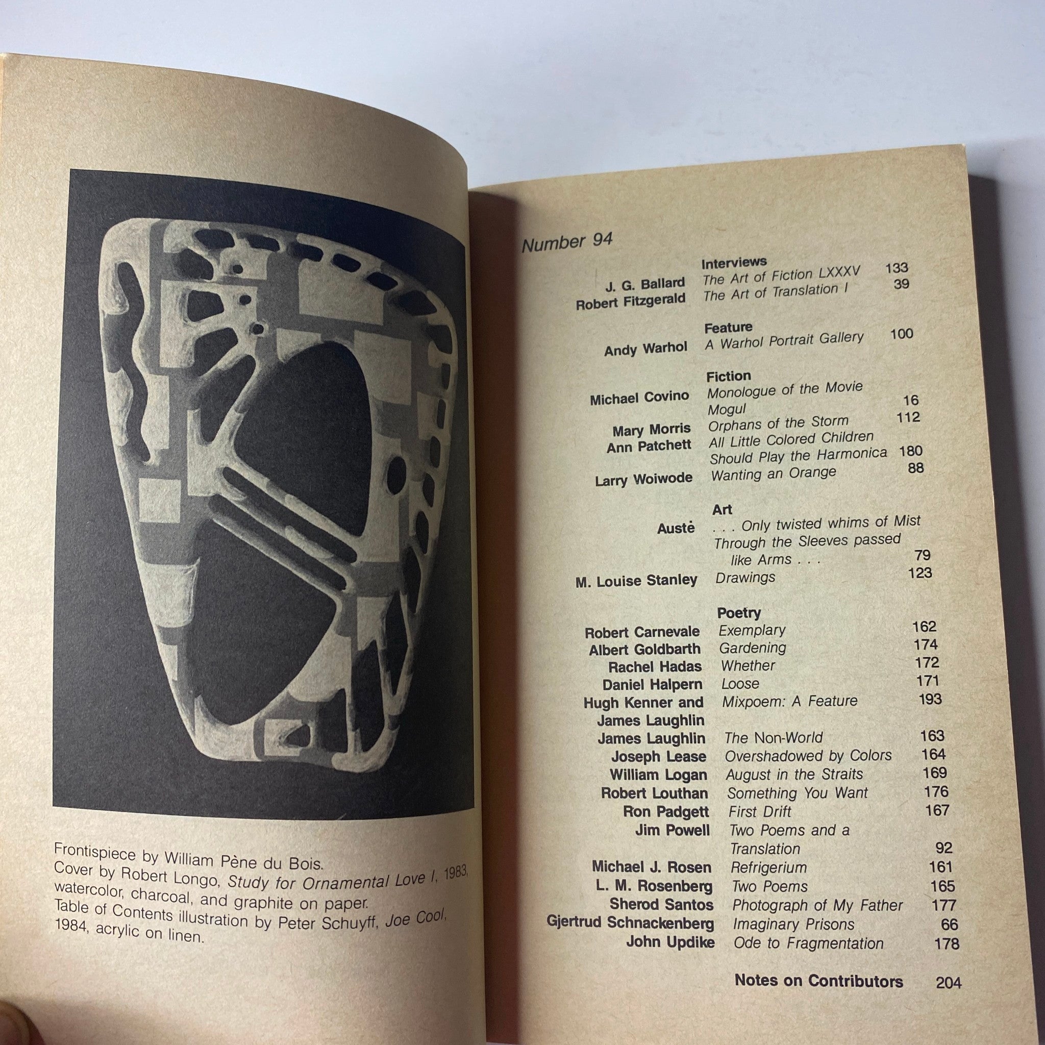 Interior page of The Paris Review Magazine Winter 1984, No. 94, featuring the Table of Contents and contributors' list, with artwork by William Pène du Bois.