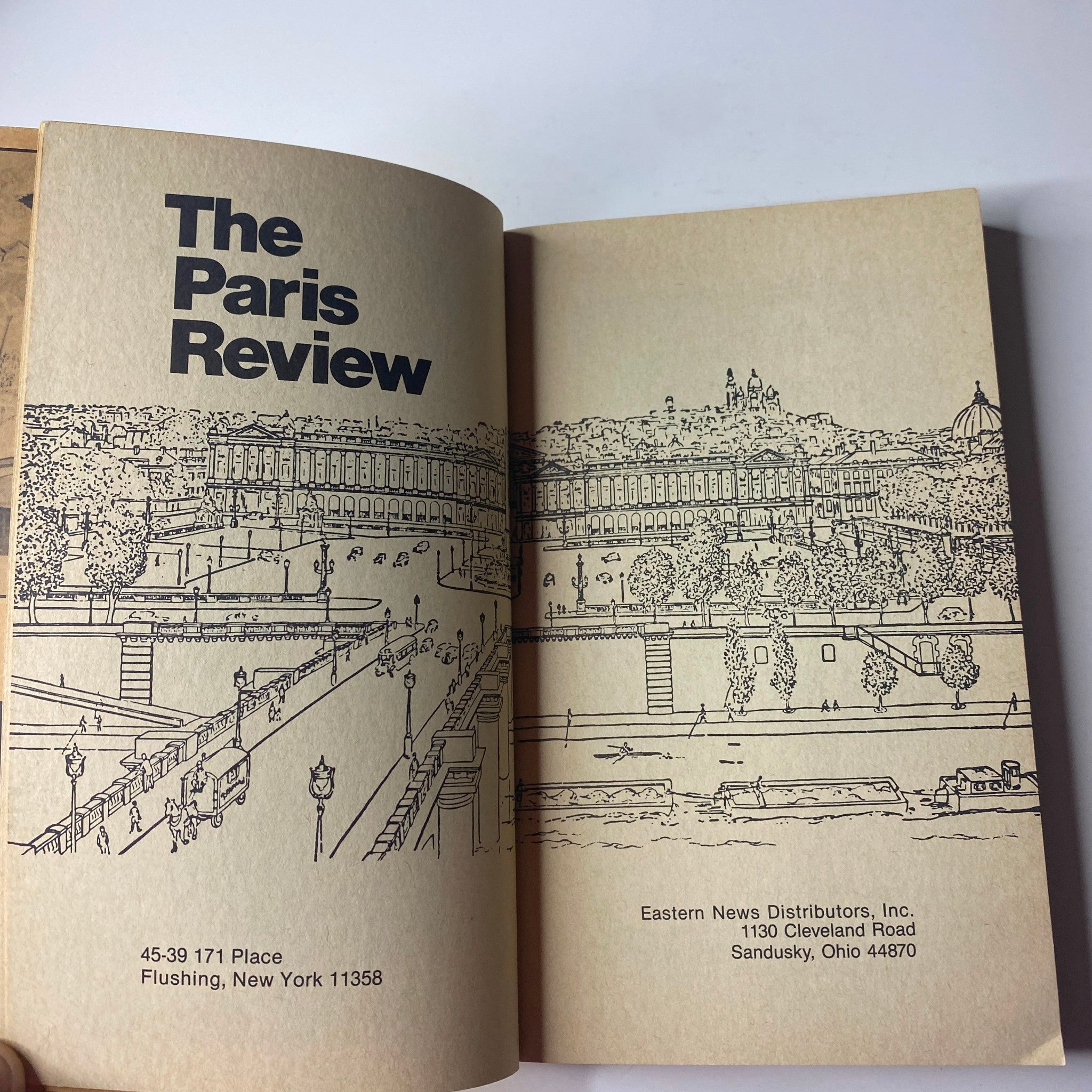 Interior page of The Paris Review Magazine Summer 1985 No. 96, displaying a detailed line drawing of a scenic landscape and the magazine's publication information.