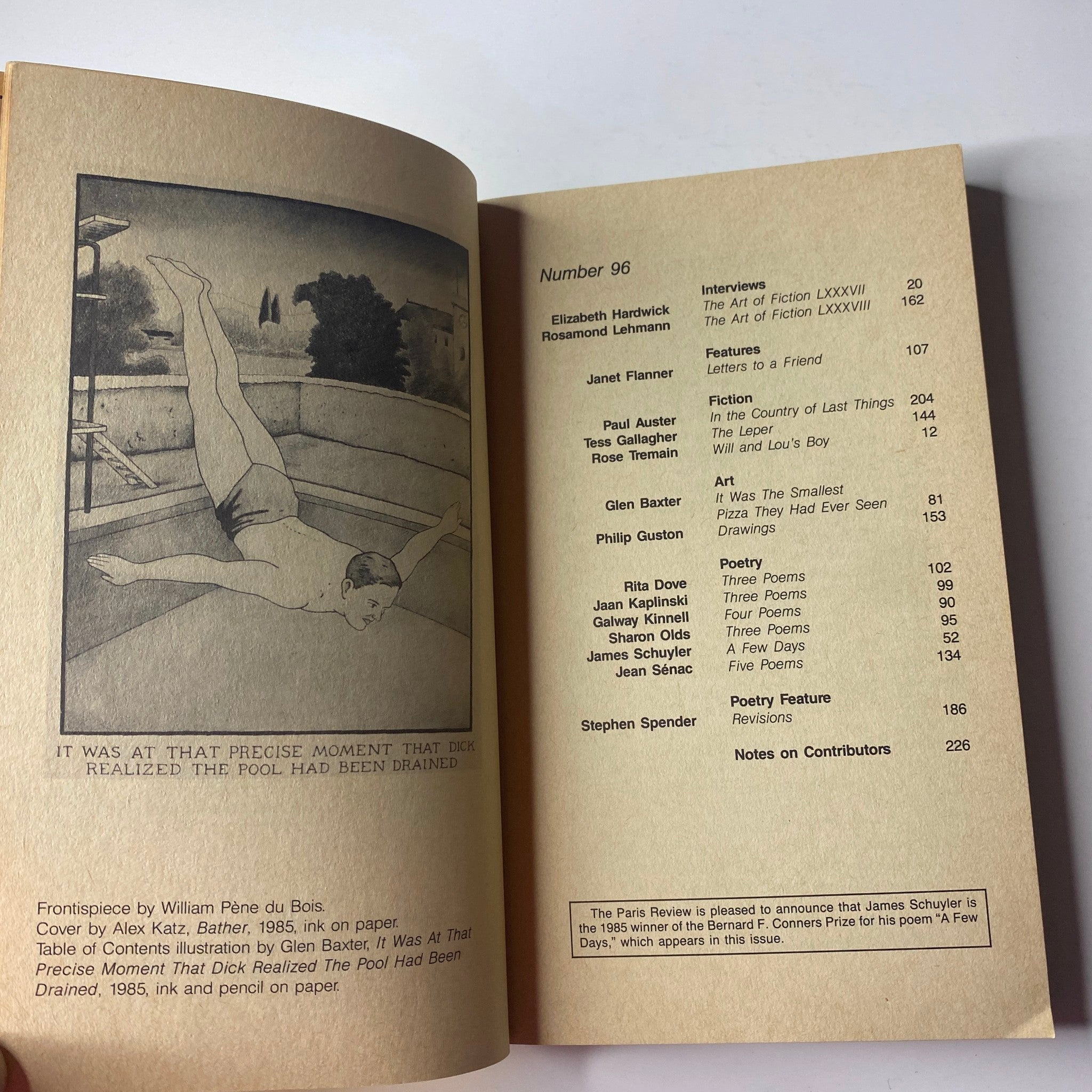 Interior page depicting the table of contents of The Paris Review Magazine Summer 1985 No. 96 featuring illustrations by William Pène du Bois and notable contributors.