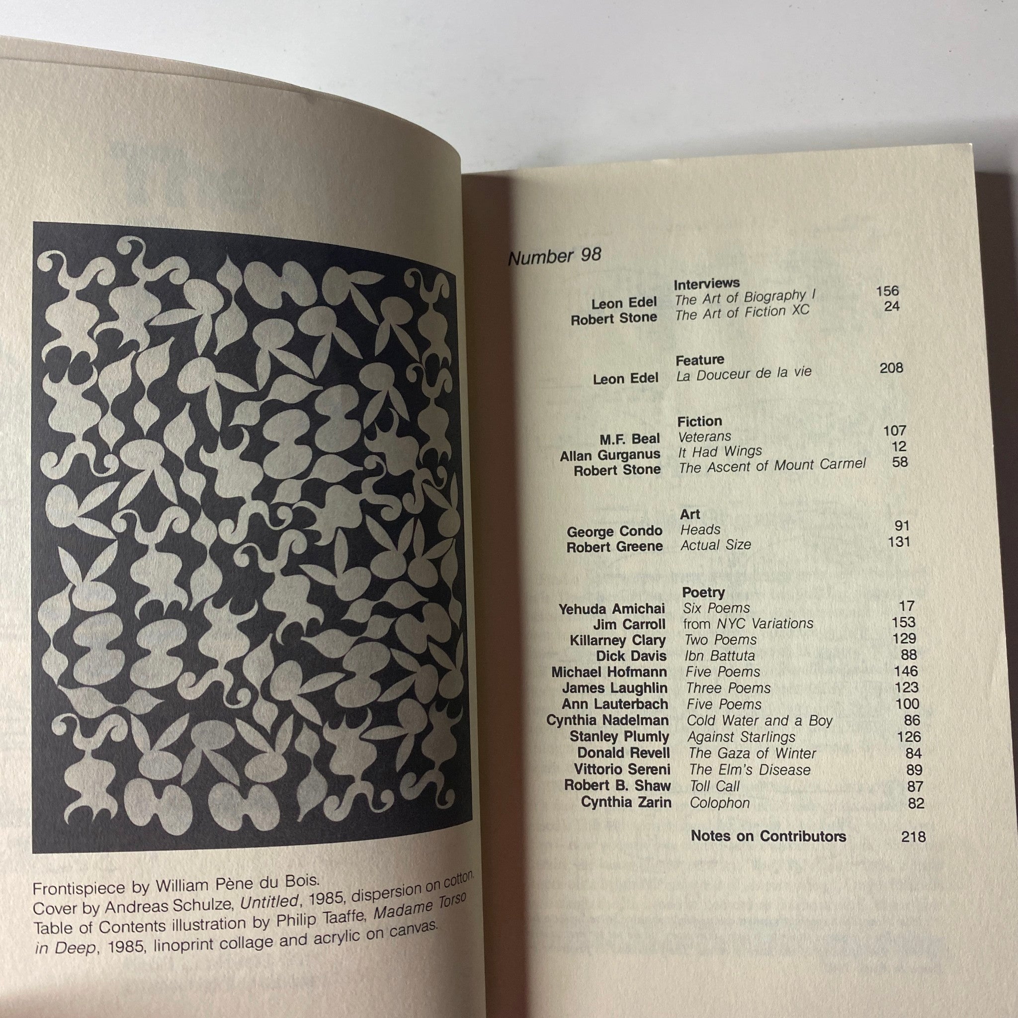 Inside spread of The Paris Review Magazine Winter 1985 No. 98 showcasing the table of contents with titles including Leon Edel and Robert Stone.