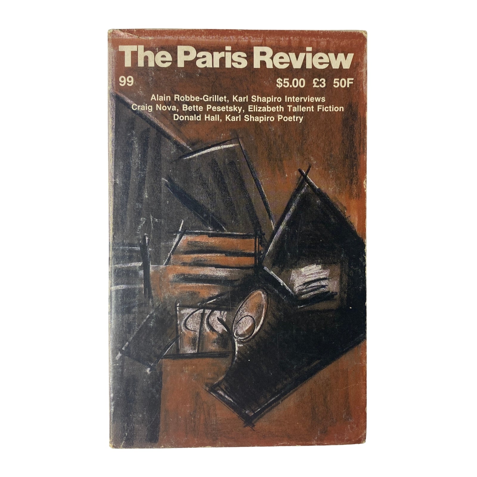 Cover of The Paris Review Magazine Spring 1986 No. 99 featuring Alain Robbe-Grillet and Karl Shapiro interviews, along with mentions of fiction by Craig Nova, Bette Pesetsky, and Elizabeth Tallent.