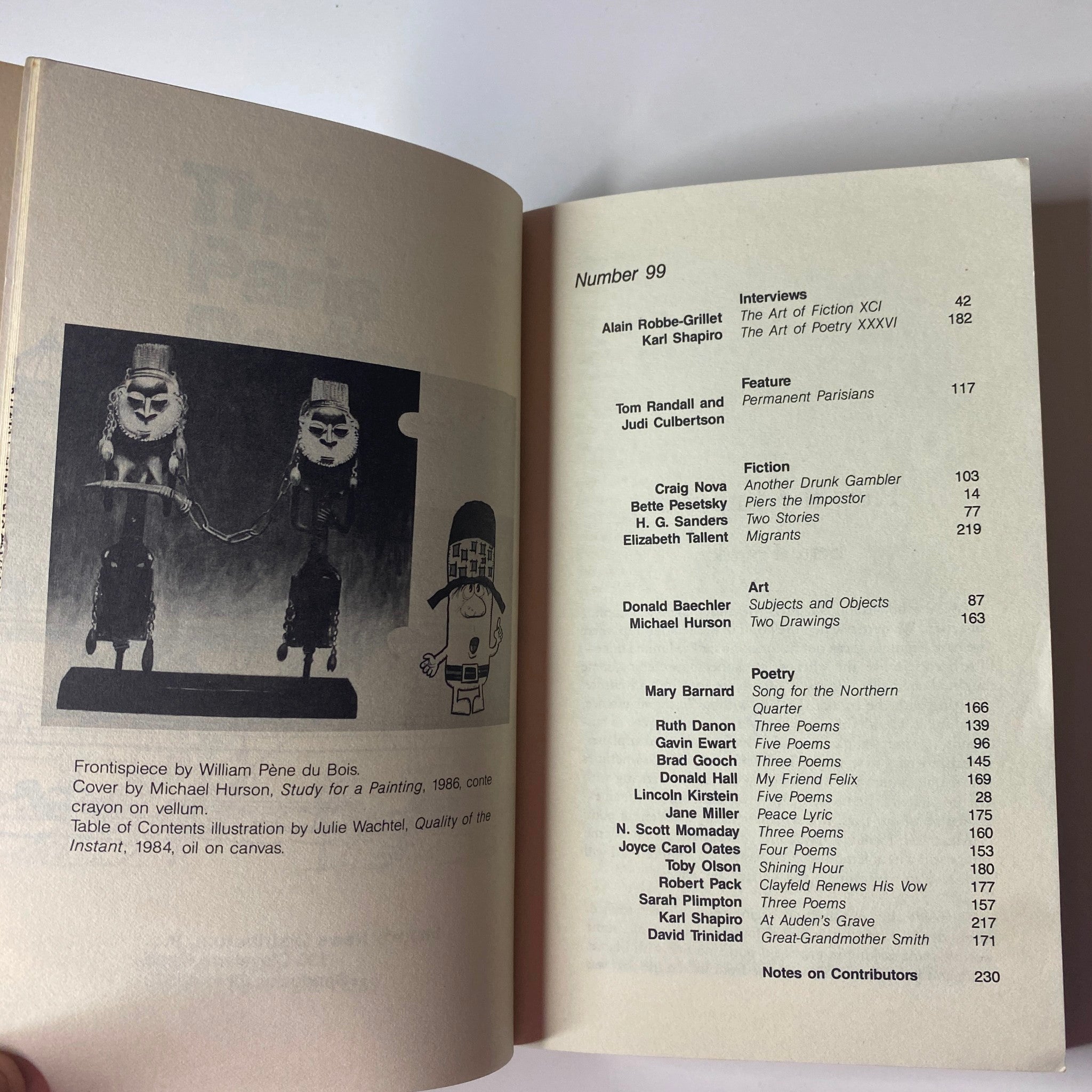 Contents page of The Paris Review Magazine Spring 1986 No. 99 listing interviews, fiction, and poetry contributions.