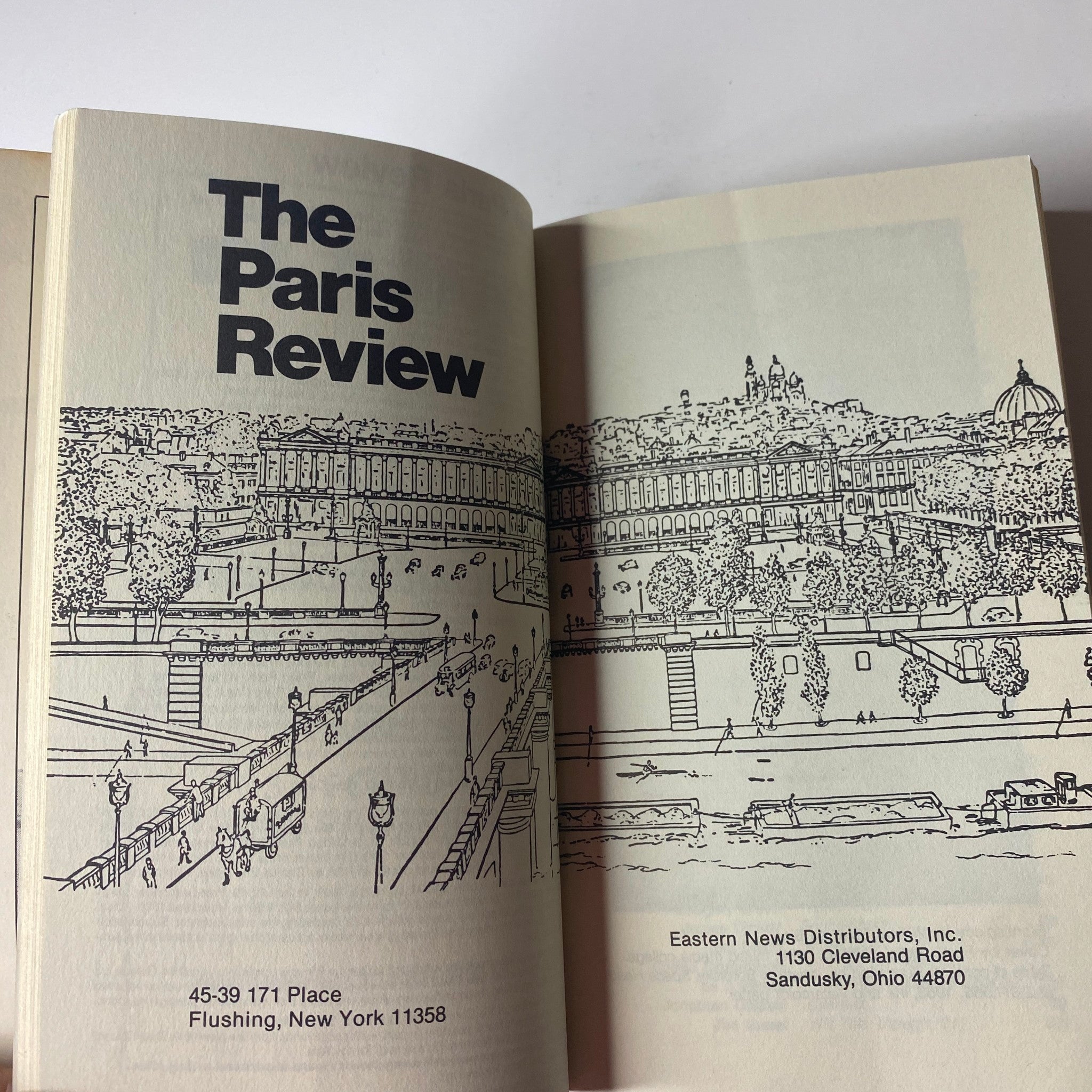 Inside page of The Paris Review Magazine Summer-Fall 1986 No. 100, featuring the magazine title and contact details of Eastern News Distributors.