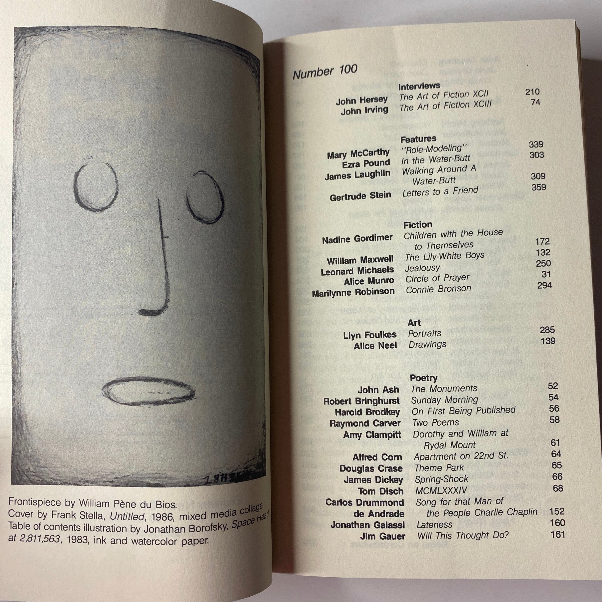 Inside page of The Paris Review Magazine Summer-Fall 1986 No. 100 listing contents including interviews with John Hersey and Mary McCarthy.