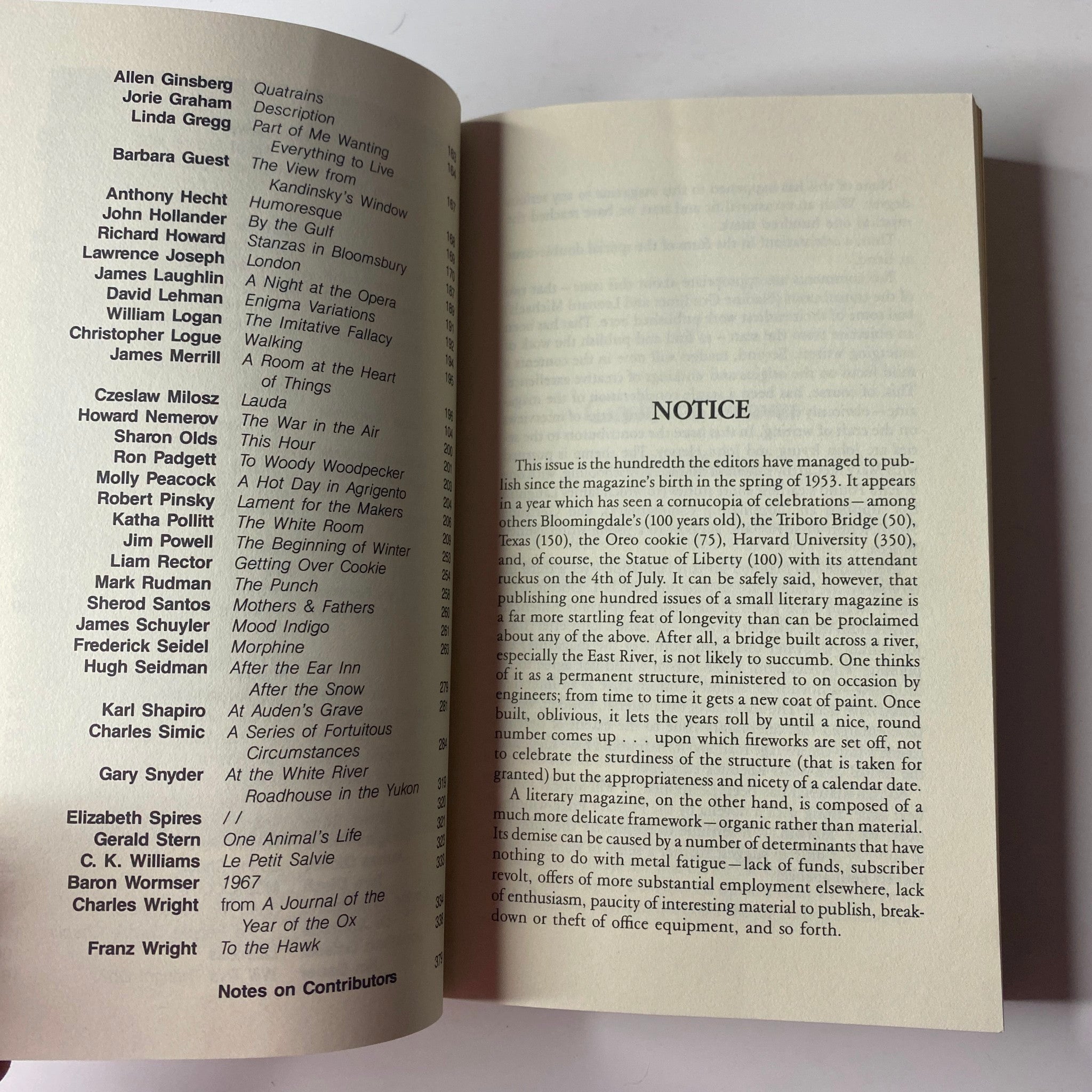 Inside page of The Paris Review Magazine Summer-Fall 1986 No. 100 featuring a notice for contributors and acknowledgment of the magazine's centennial edition.