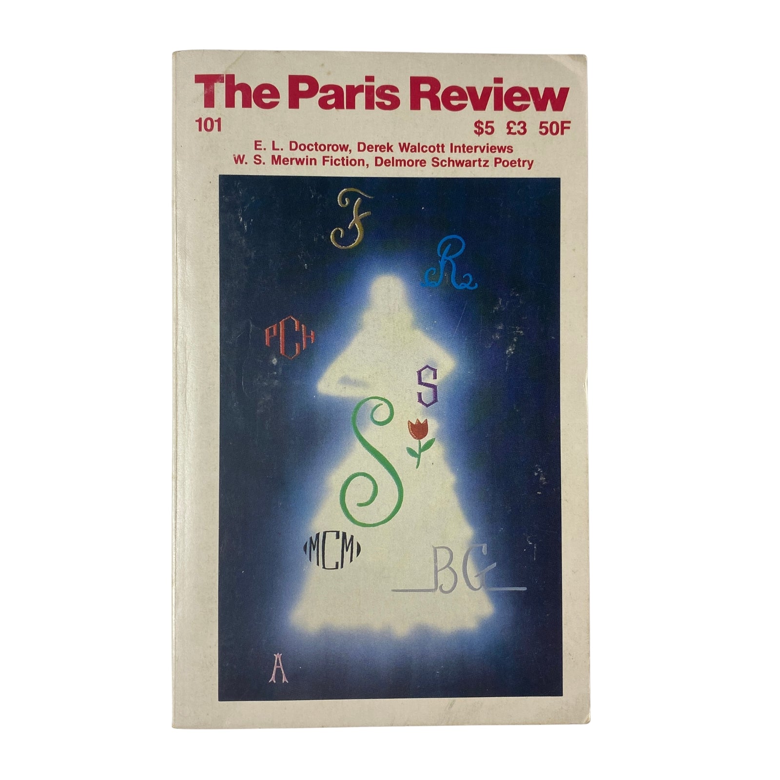 Cover of The Paris Review Magazine Winter 1986 No. 101 featuring colorful artistic design with titles of featured works including interviews with E. L. Doctorow and Derek Walcott, fiction by W. S. Merwin, and a poetry section.