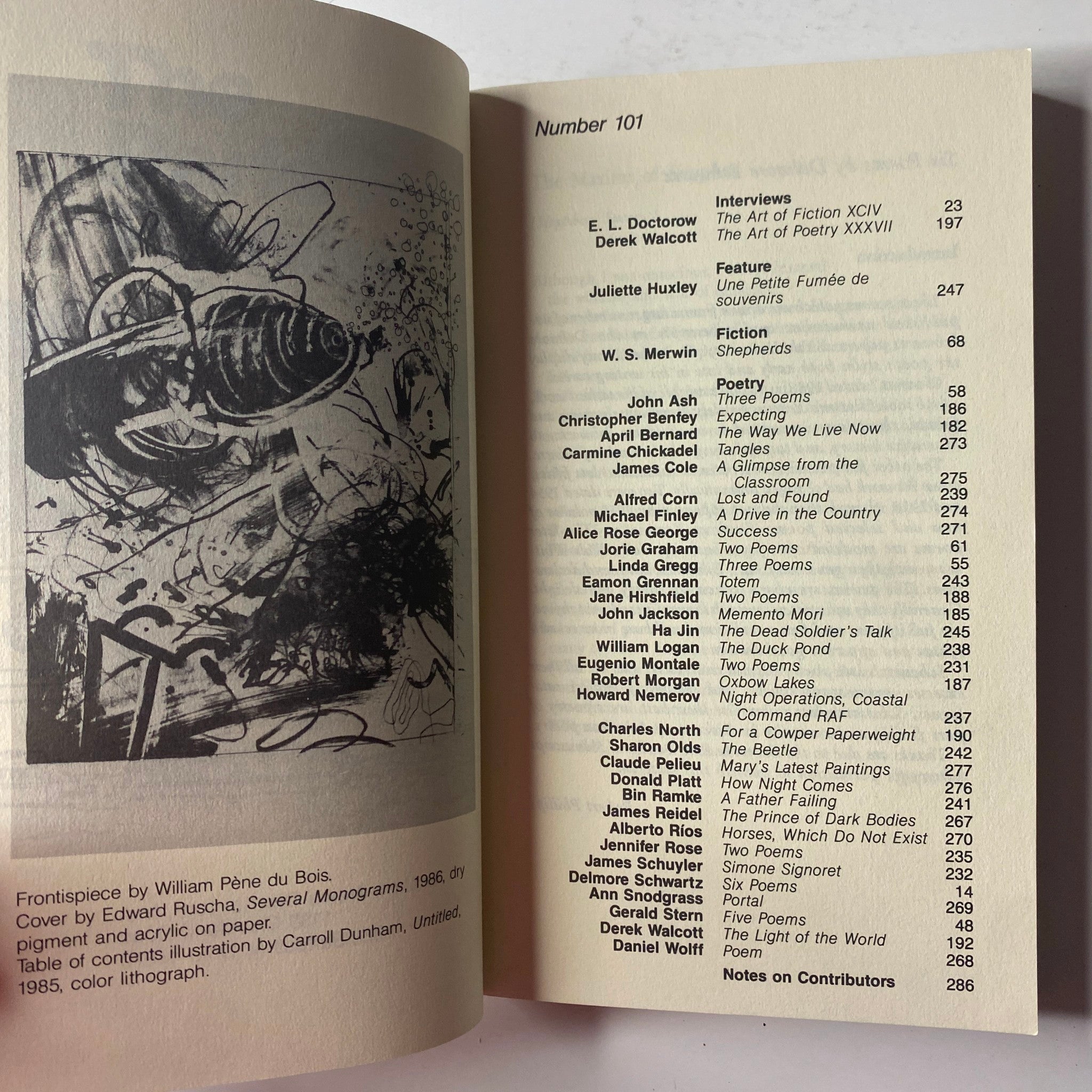 Open pages of The Paris Review Magazine Winter 1986 No. 101, displaying the table of contents with interviews with E. L. Doctorow and Derek Walcott, along with a feature by Juliette Huxley.