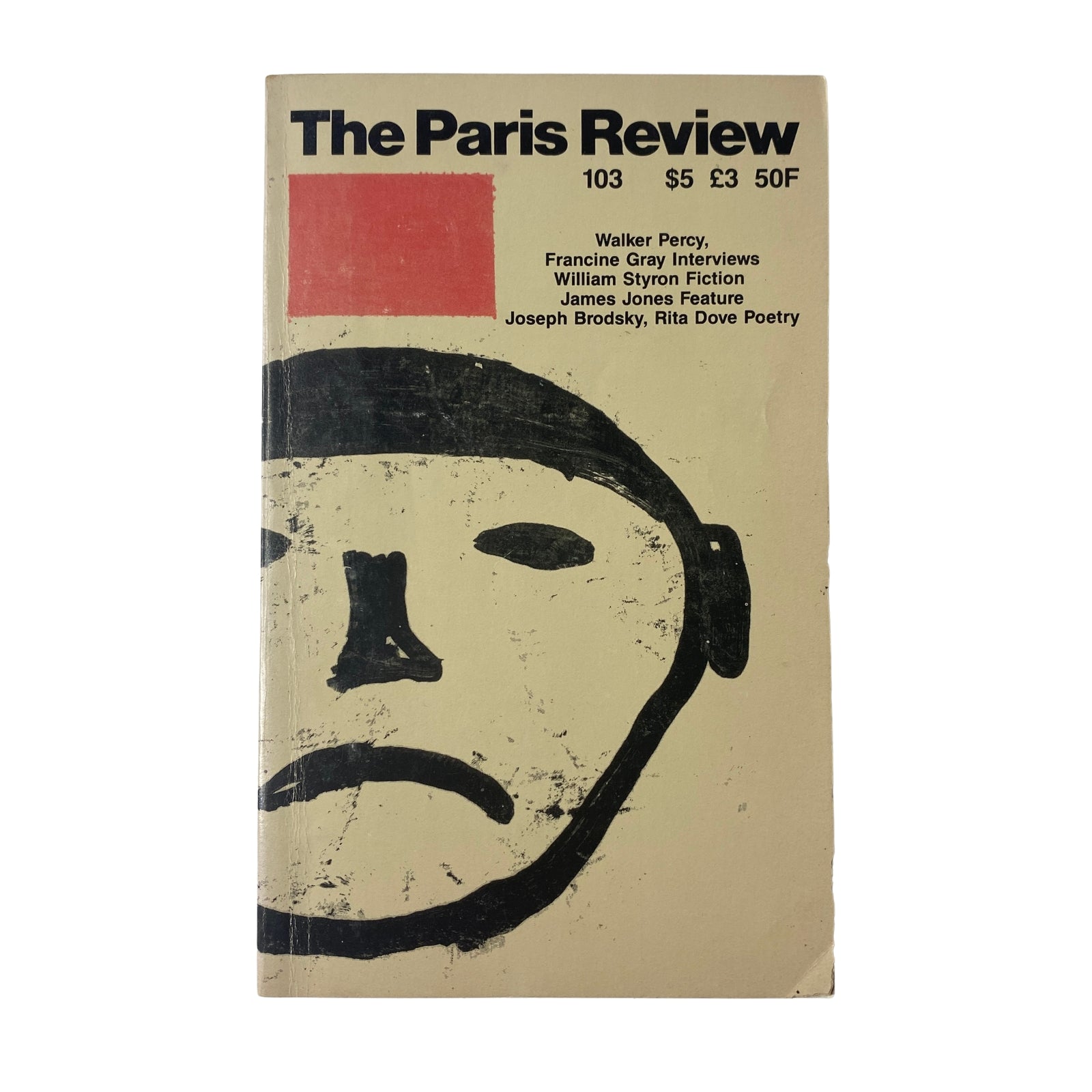 Cover of The Paris Review Magazine Summer 1987 No. 103 featuring a bold face design and highlighting interviews with Walker Percy and Francine Gray, along with a feature on James Jones.