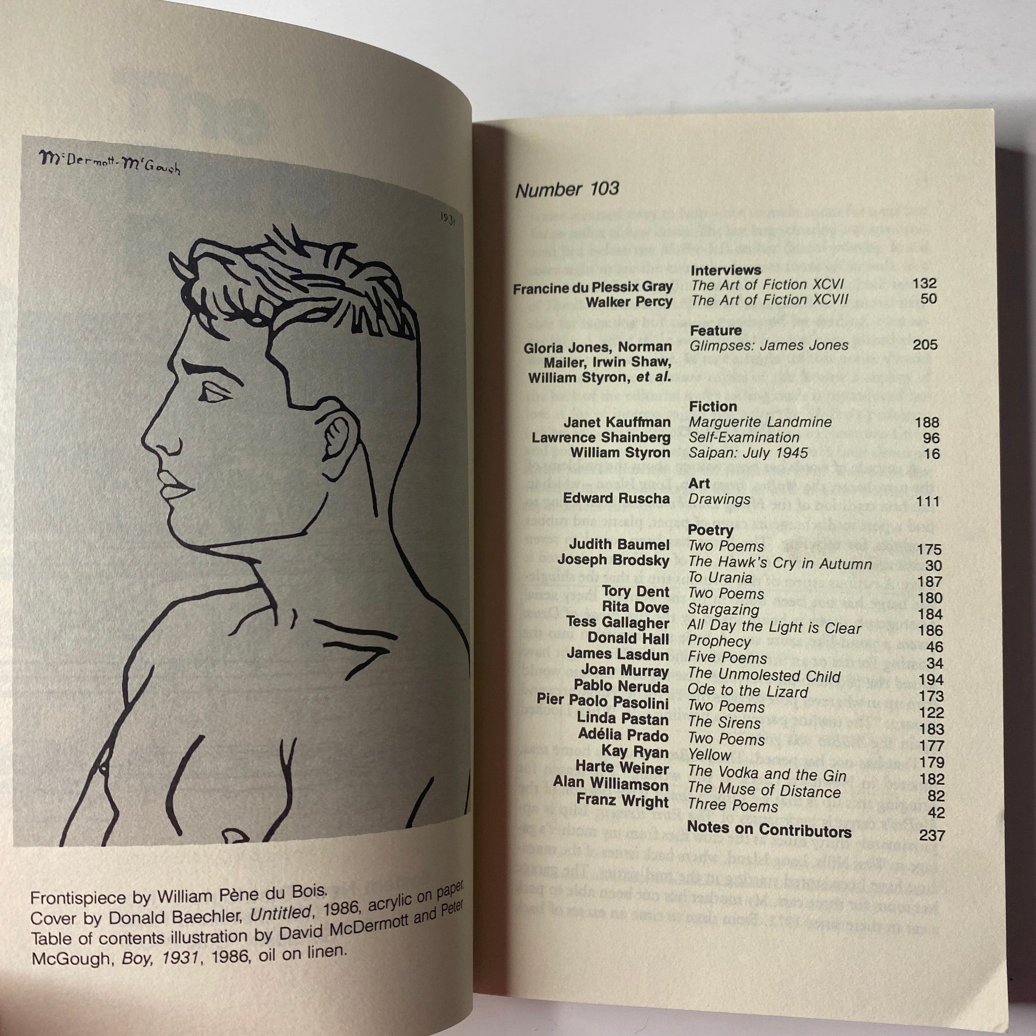 Interior page of The Paris Review Magazine displaying a sketch and the contents listing for Summer 1987 No. 103, featuring contributions from notable authors.