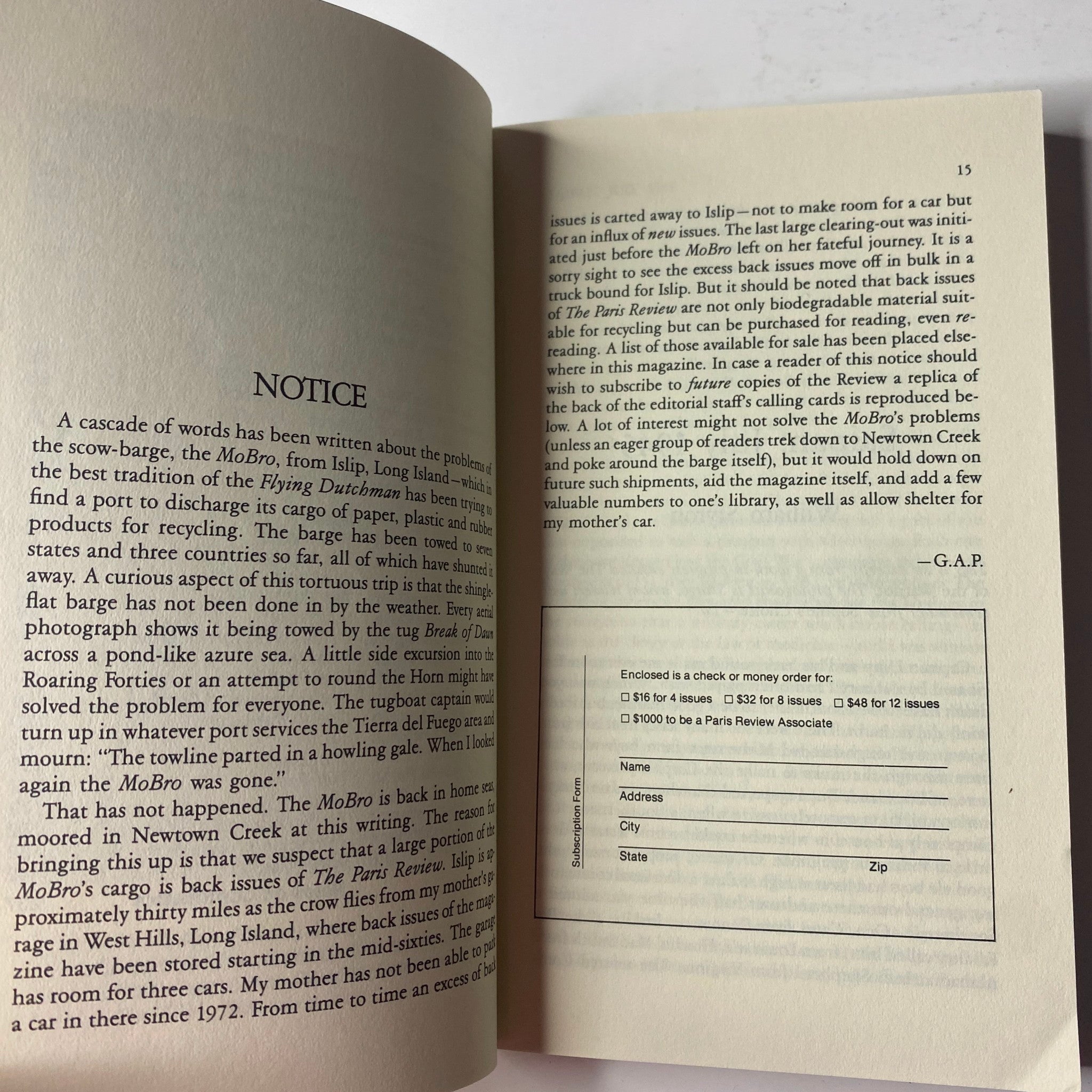 The Paris Review Magazine Summer 1987 No. 103 interior page featuring a notice regarding the MoBro magazine, discussing contributions to the publication and its history.