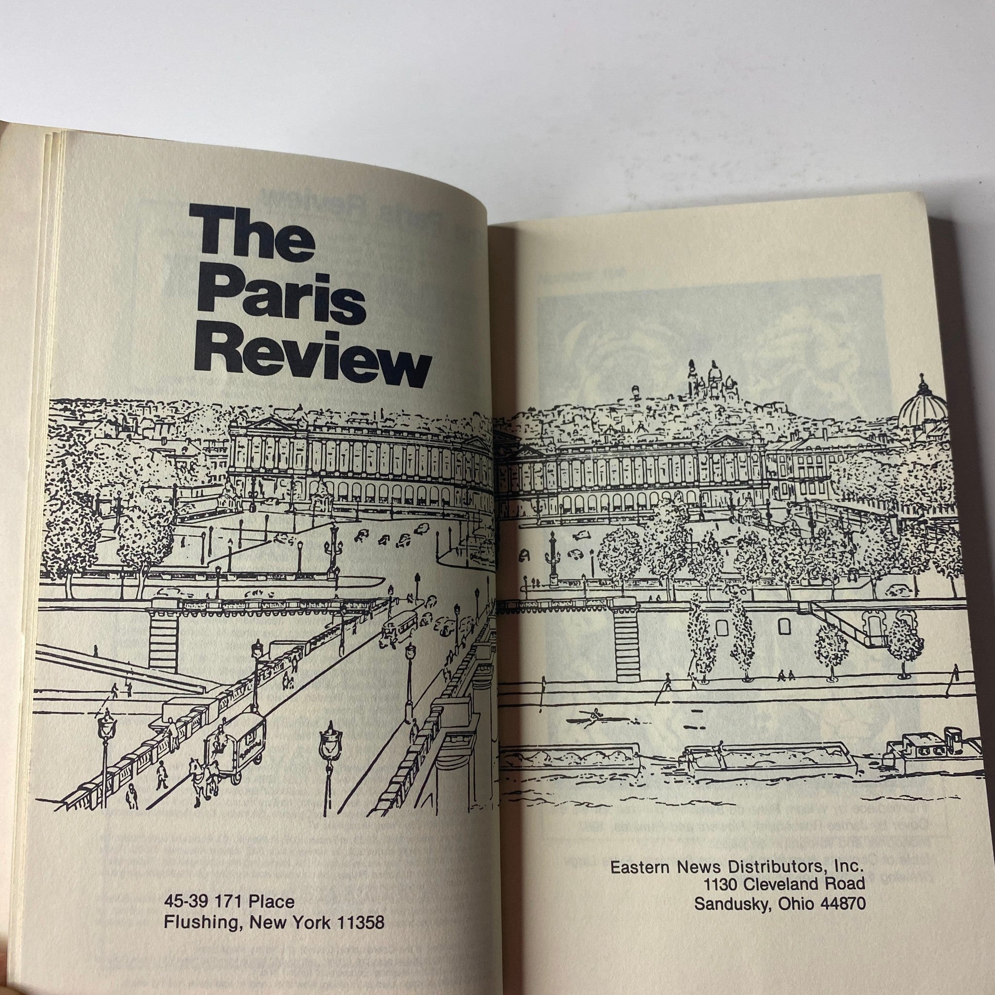 Interior page of The Paris Review Magazine Fall 1987 No. 104 showing the magazine's title and an illustration of the Seine River.