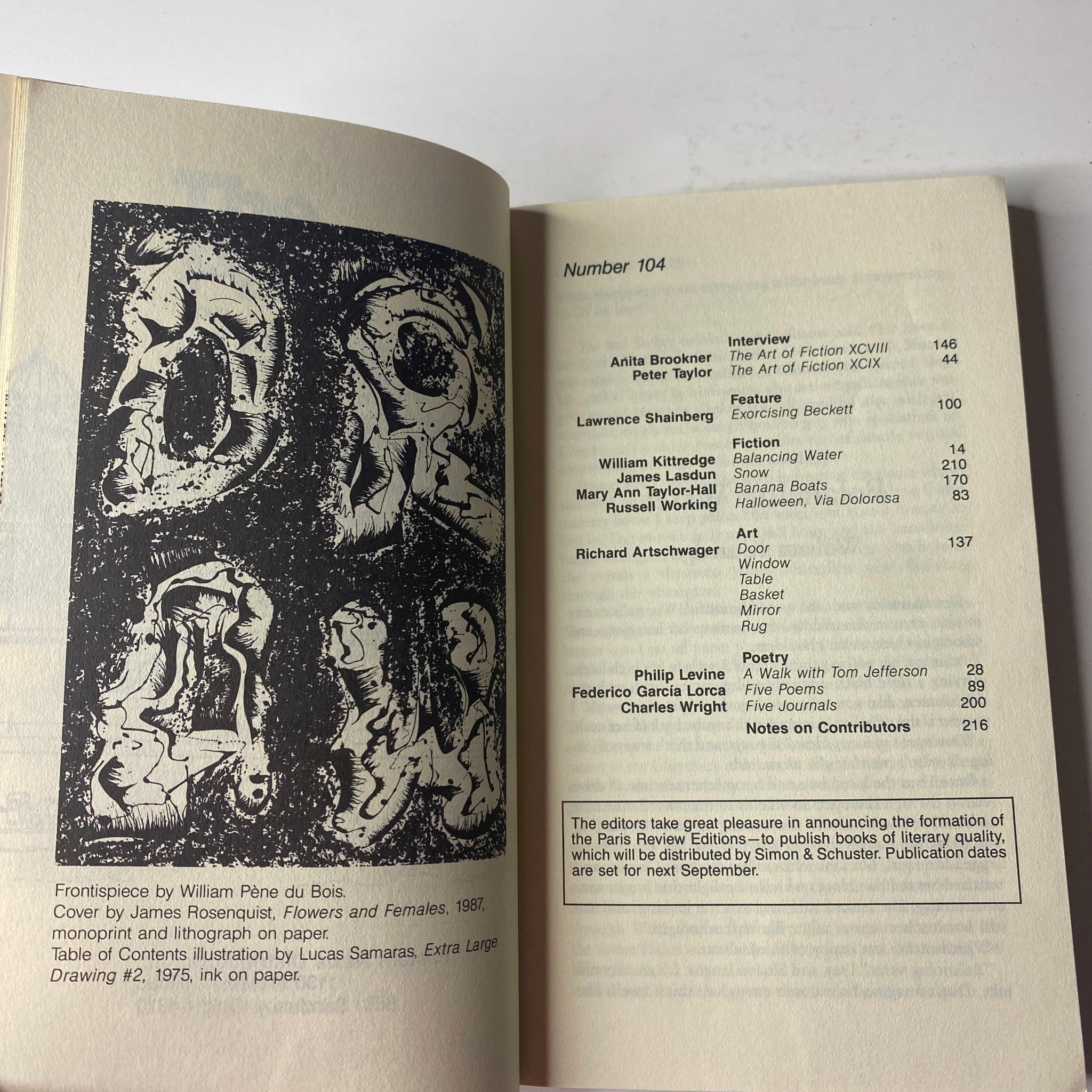 Interior page of The Paris Review Magazine Fall 1987 No. 104 featuring the table of contents with contributors and page numbers.