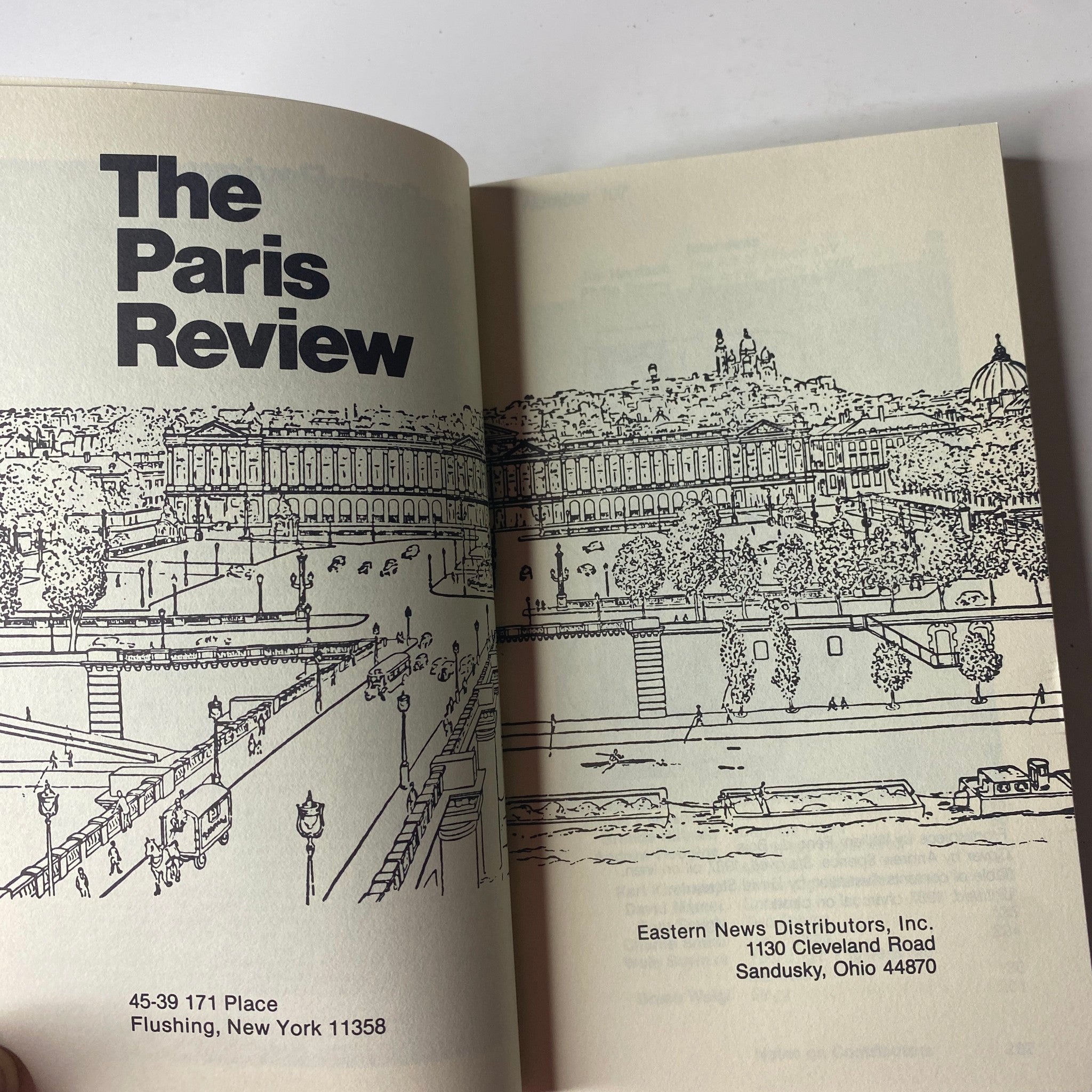 Inside view of The Paris Review Magazine Summer 1988 No. 107 showcasing the publication details and a sketched illustration of a scenic landscape.