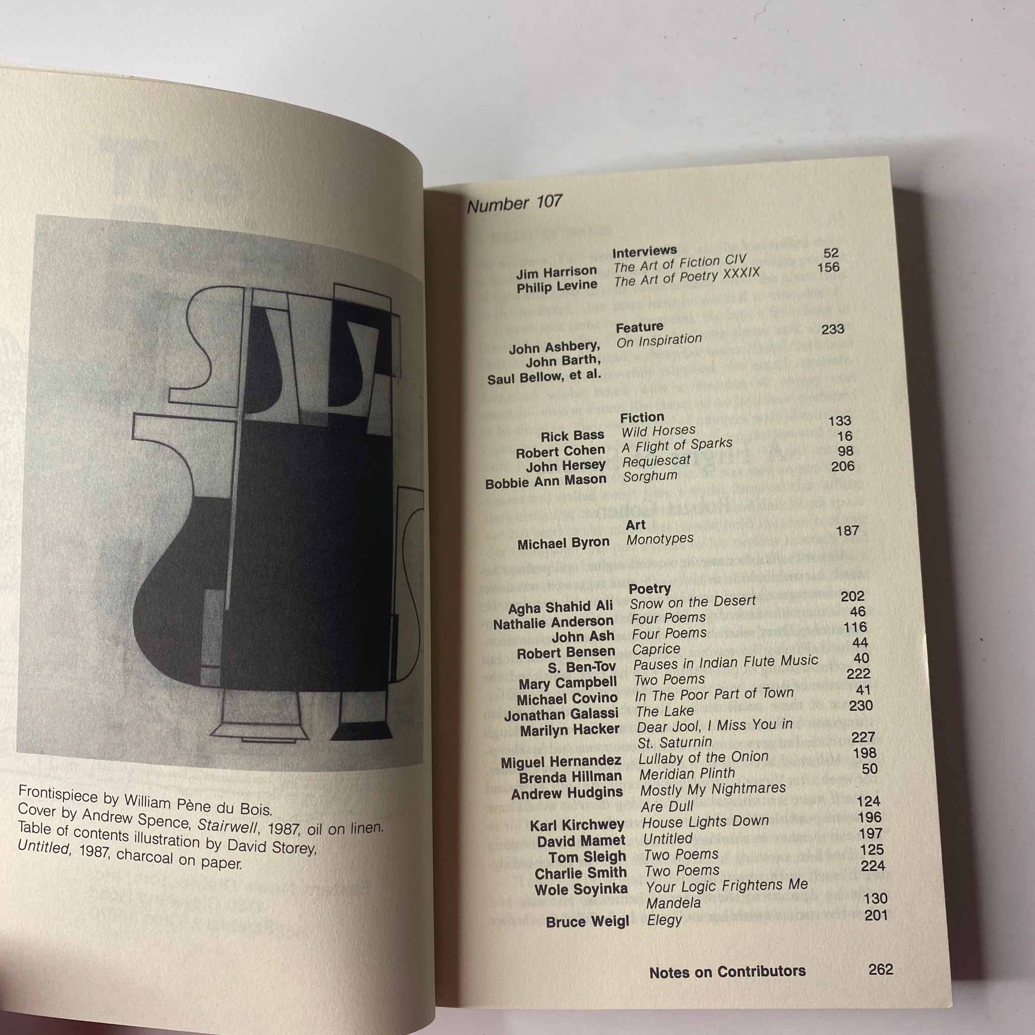 Contents page of The Paris Review Magazine Summer 1988 No. 107 listing features such as interviews and fiction contributions by notable writers.