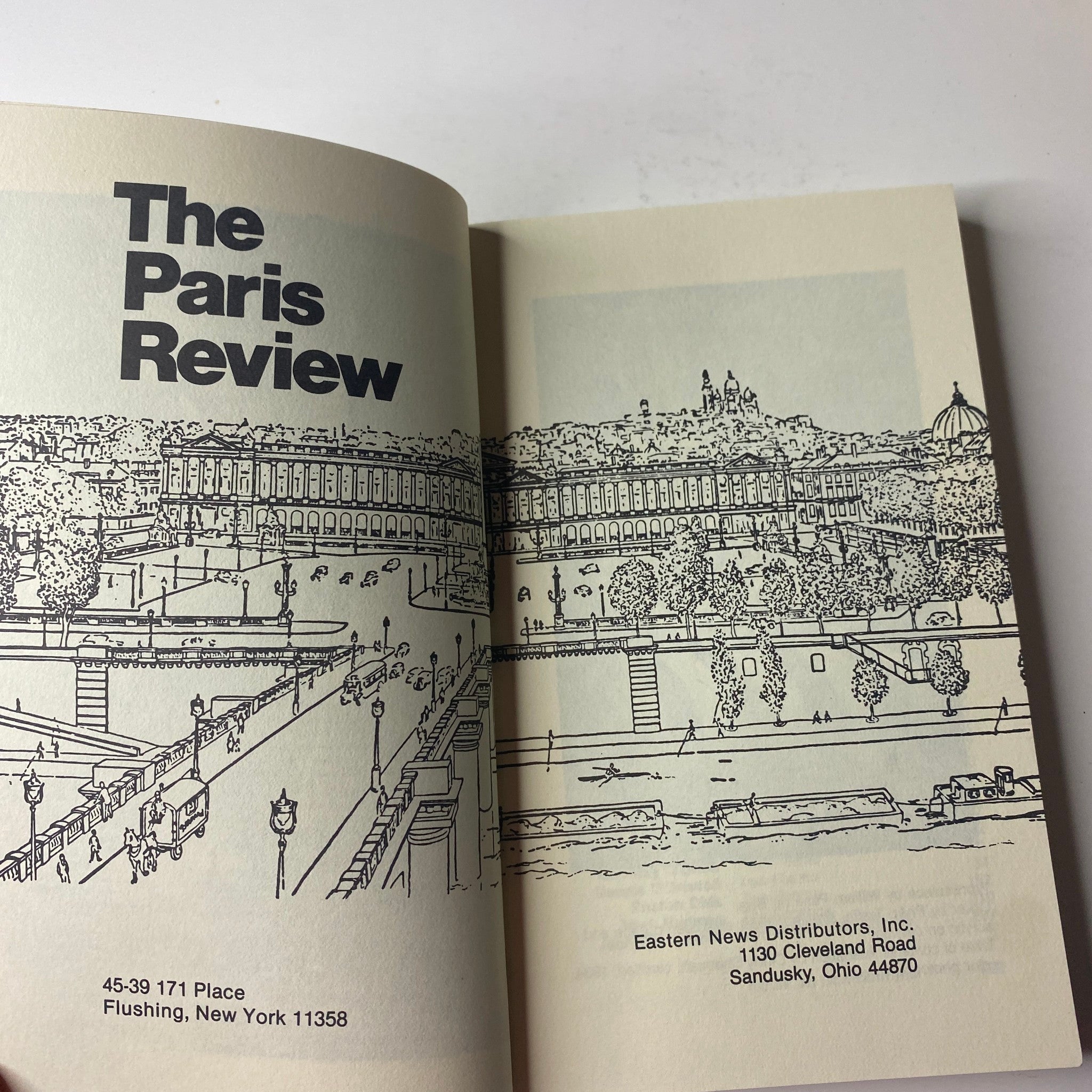 Inside page of The Paris Review Magazine Fall 1988 No. 108, showing the title and distribution information, highlighting its origin and literary significance.