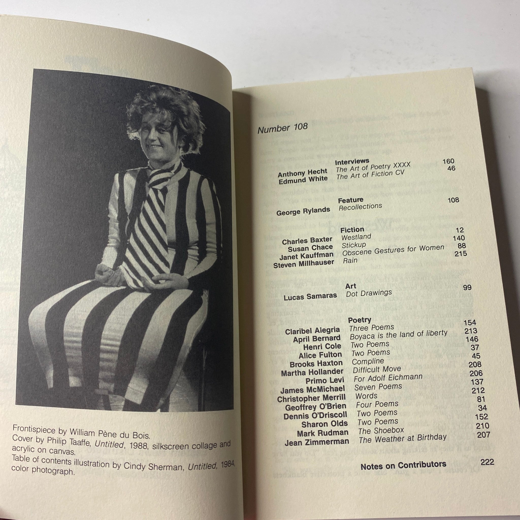 Another inside page of The Paris Review Magazine Fall 1988 No. 108, featuring a frontispiece by William Pène du Bois and a table of contents outlining featured poetry and articles.